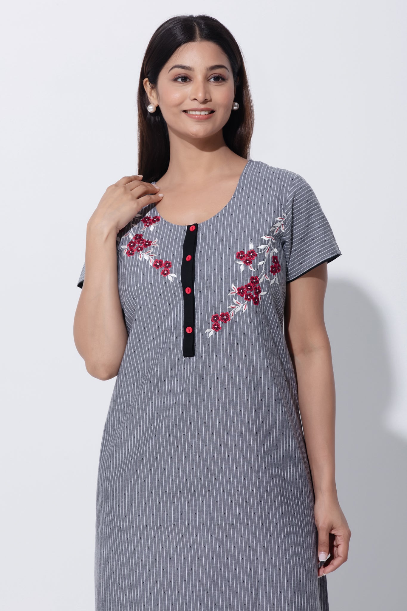 Gray Floral Embroidered Pure Cotton Nightwear with Button Closure
