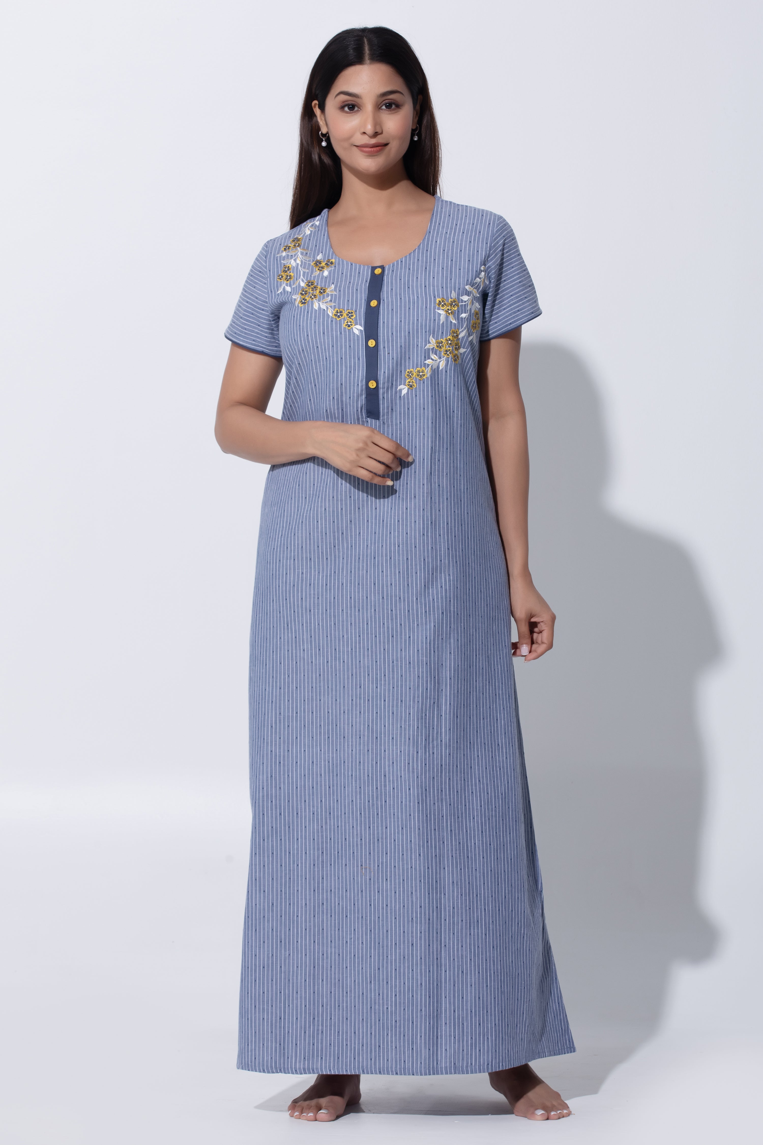 Gray Floral Embroidered Pure Cotton Nightwear with Button