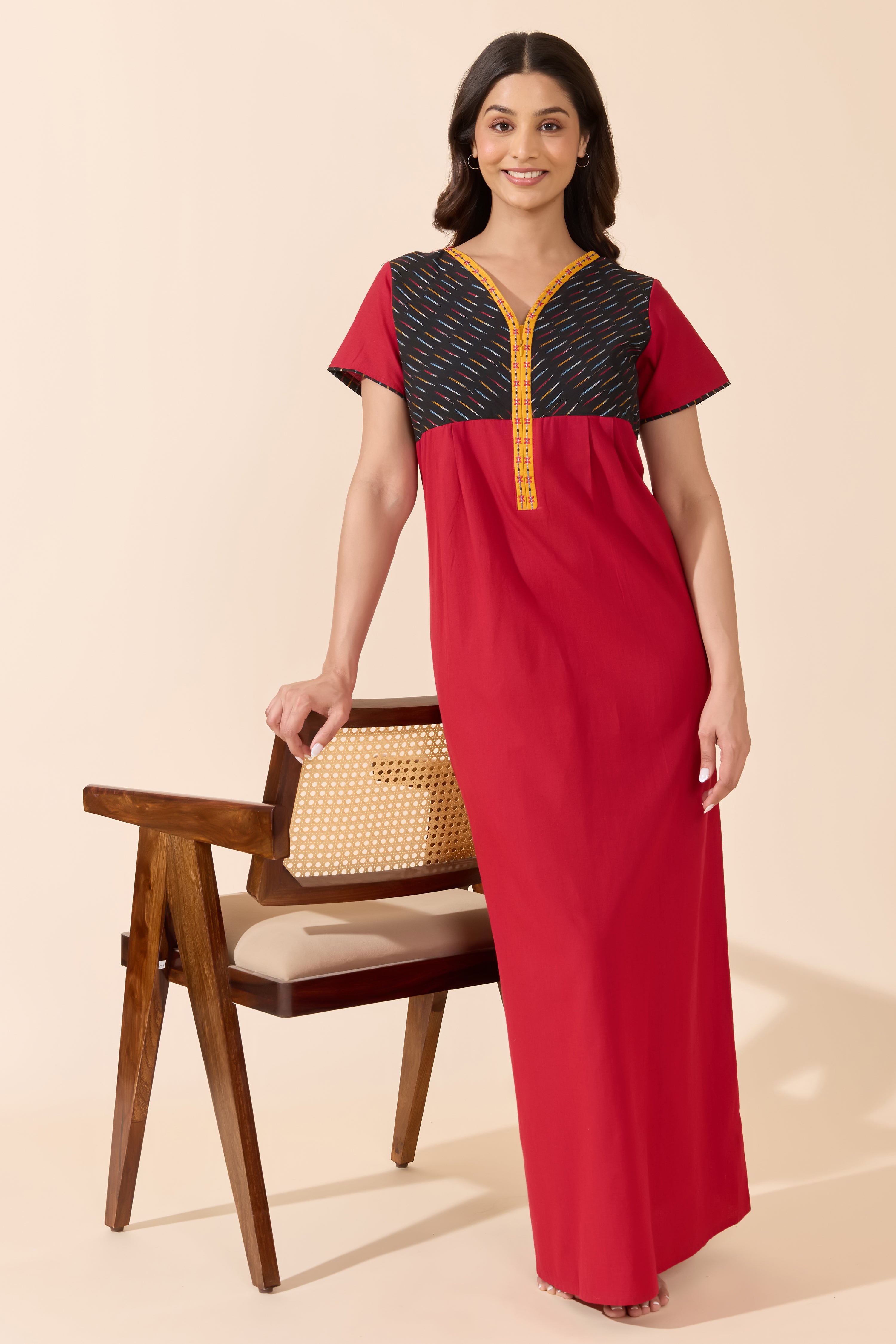 Red Solid Cotton Nightwear with Black Printed Yoke