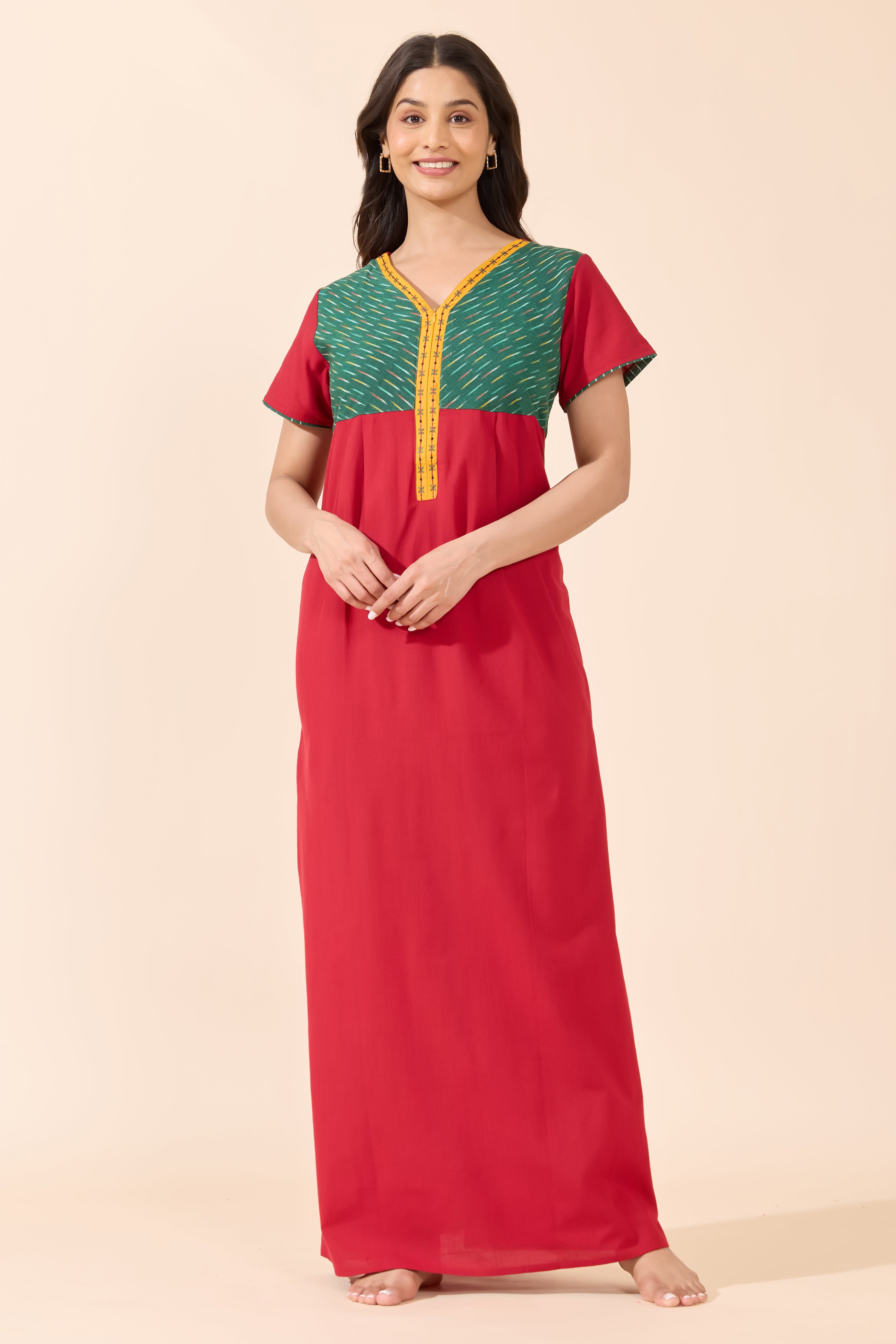 Red Solid Cotton Nightwear with Green Stroke Print