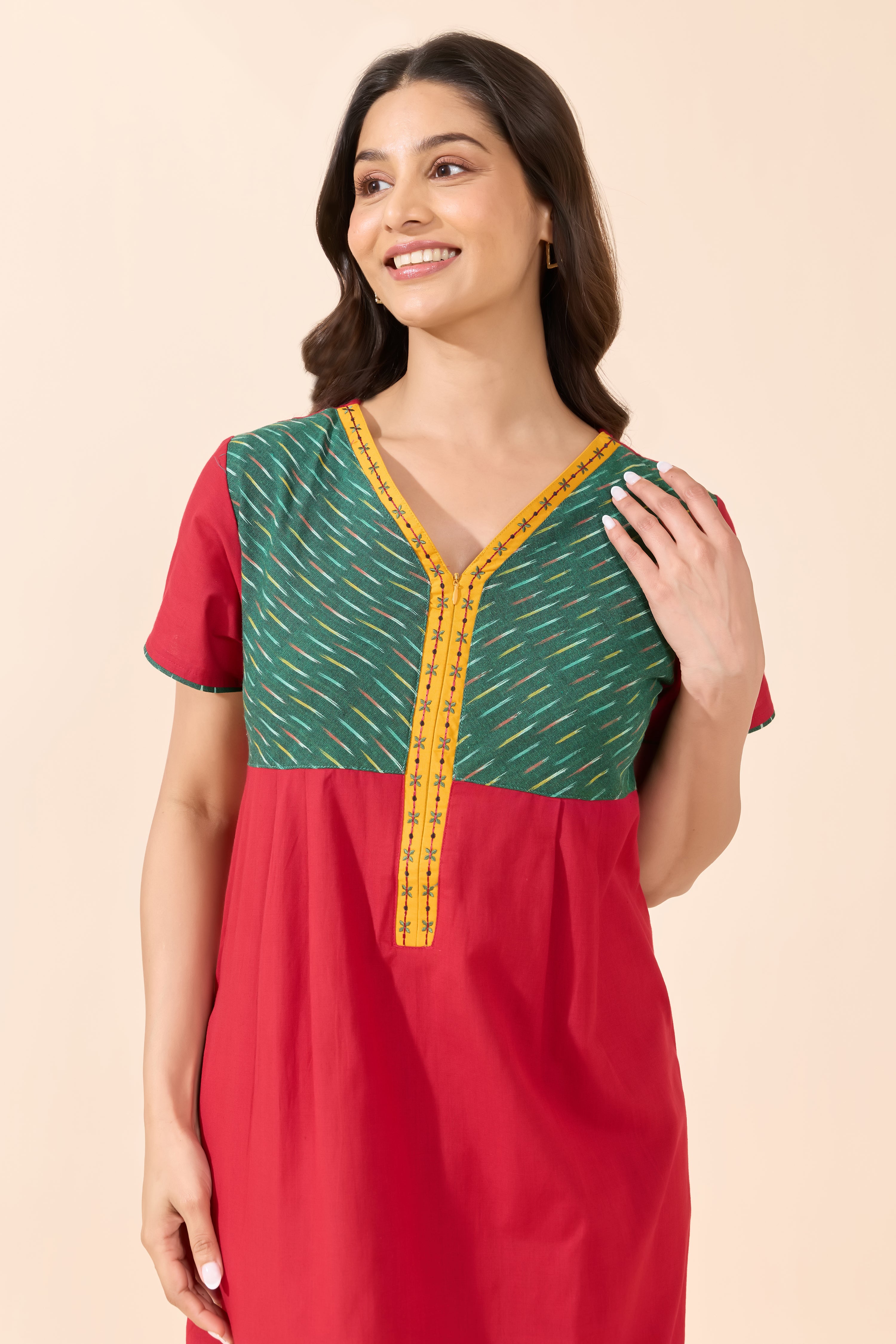 Red Solid Cotton Nightwear with Green Stroke Print