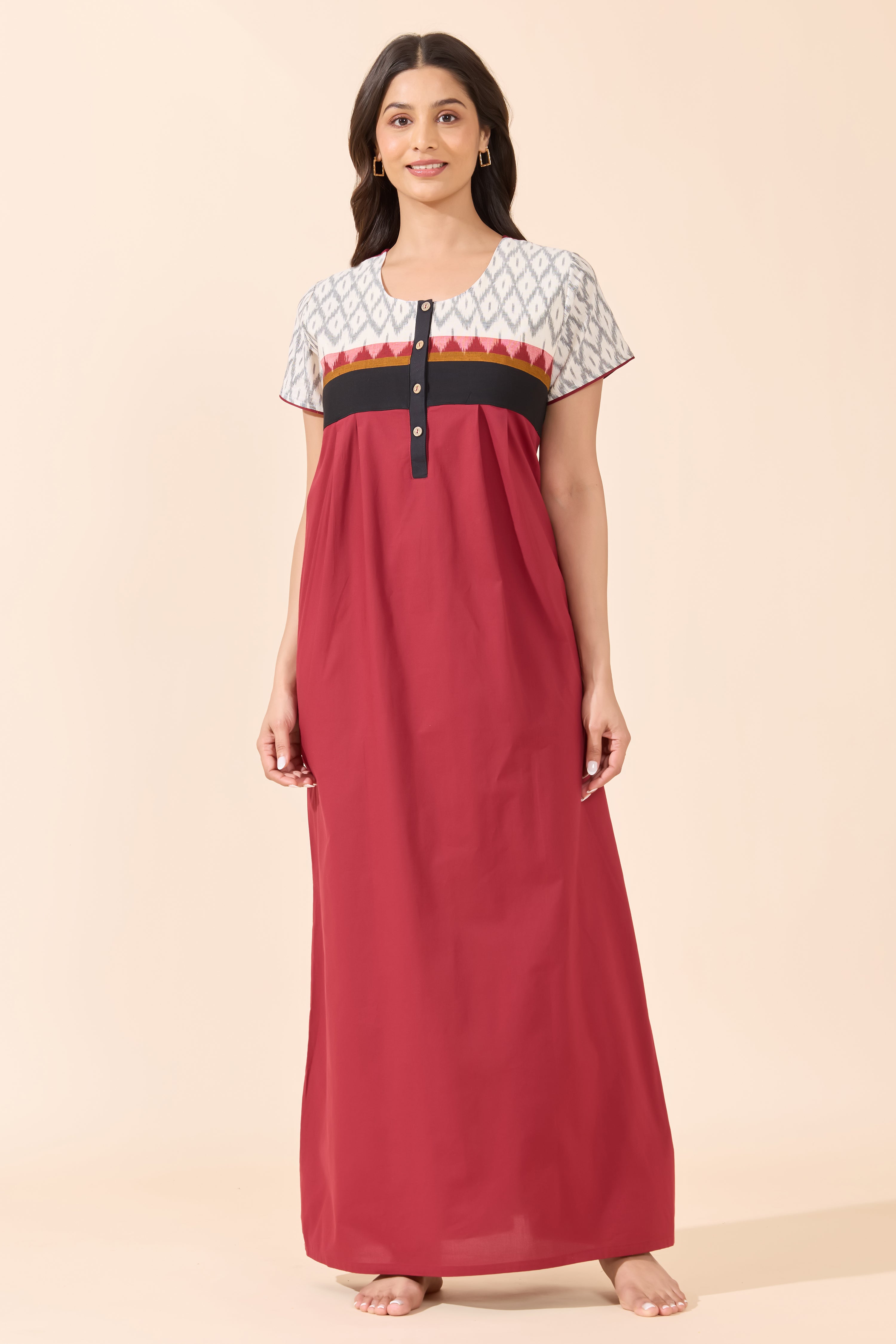 Maroon Solid Cotton Nightwear with Ikat Print