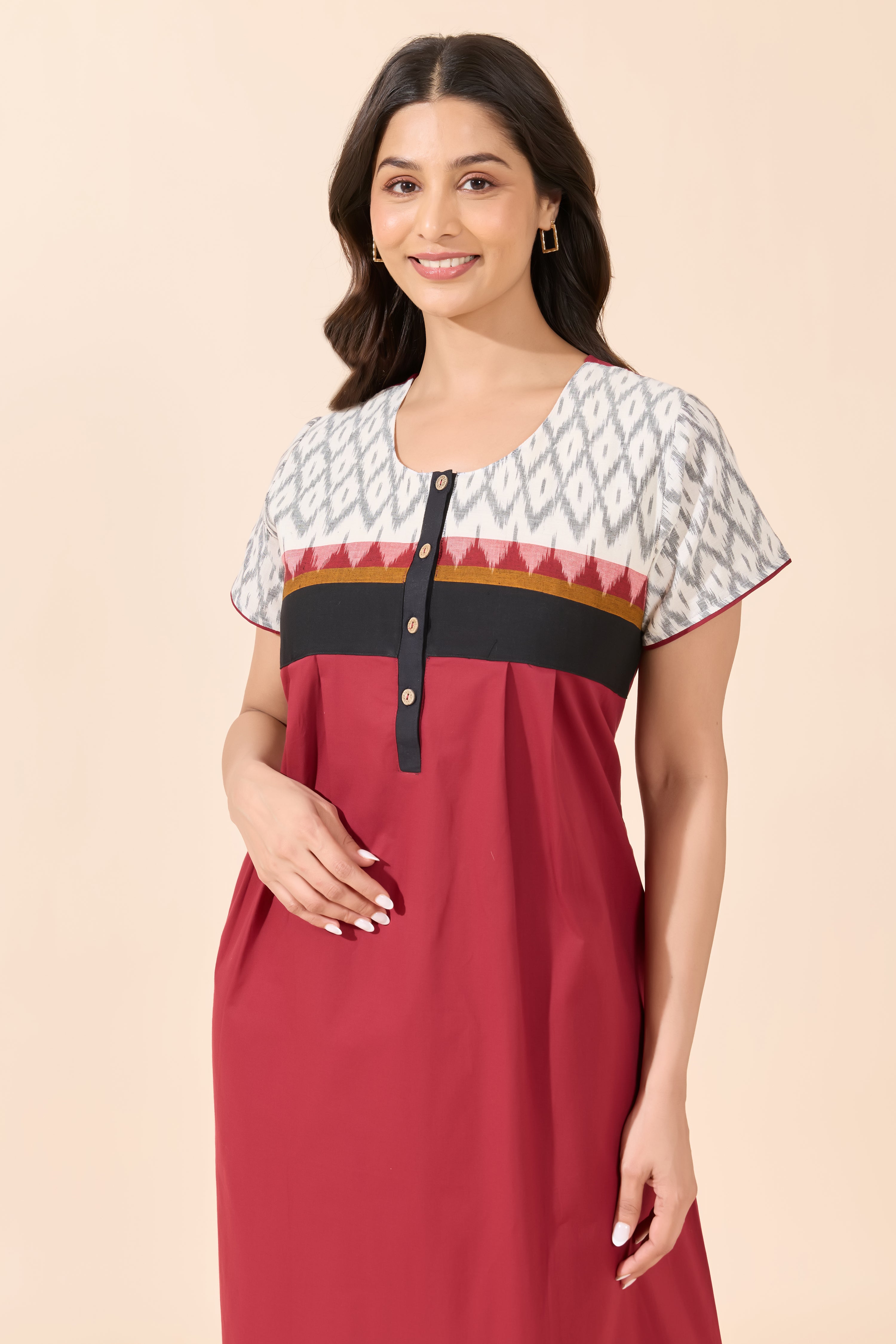 Maroon Solid Cotton Nightwear with Ikat Print