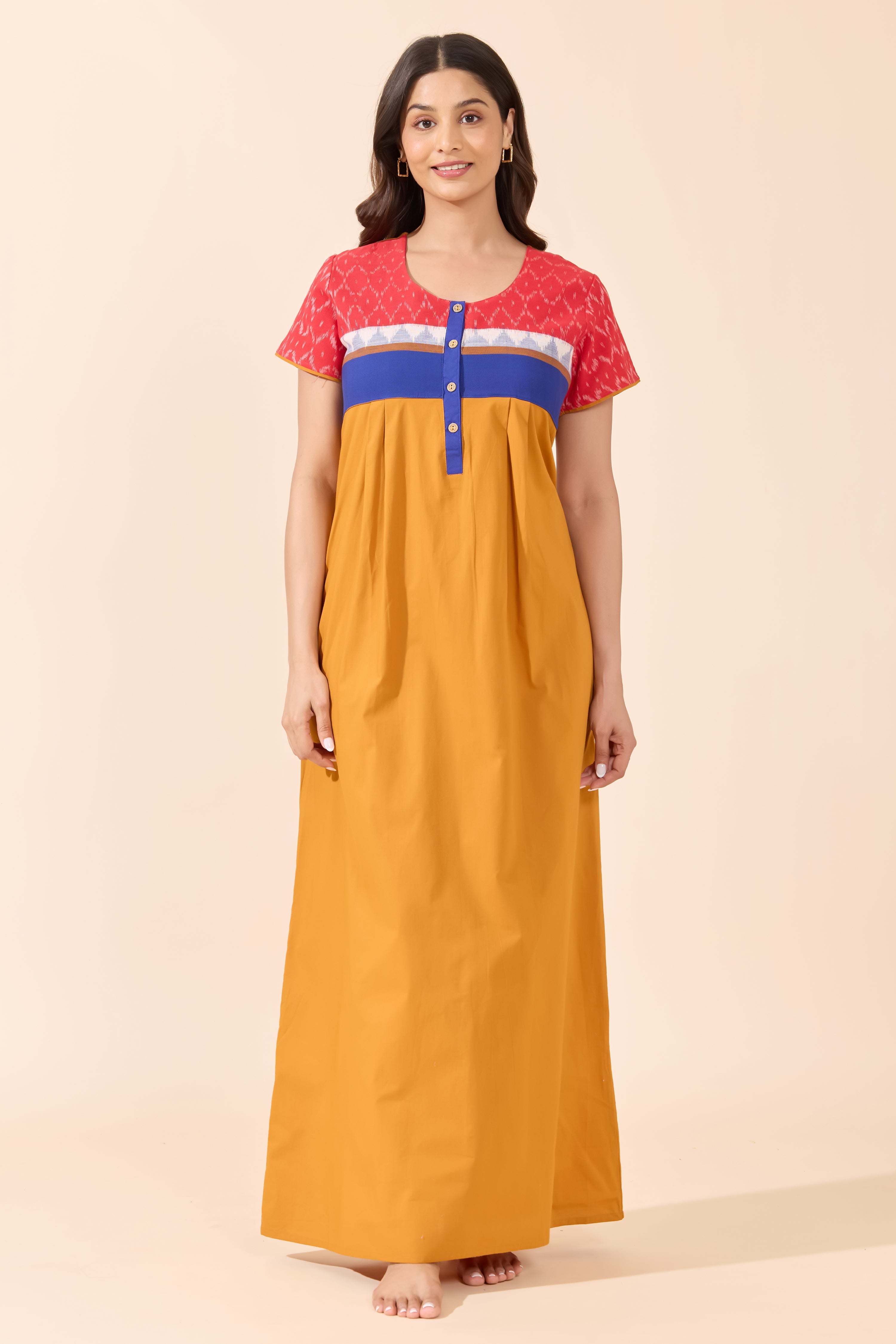 Mustard Solid Cotton Nightwear with Ikat Print