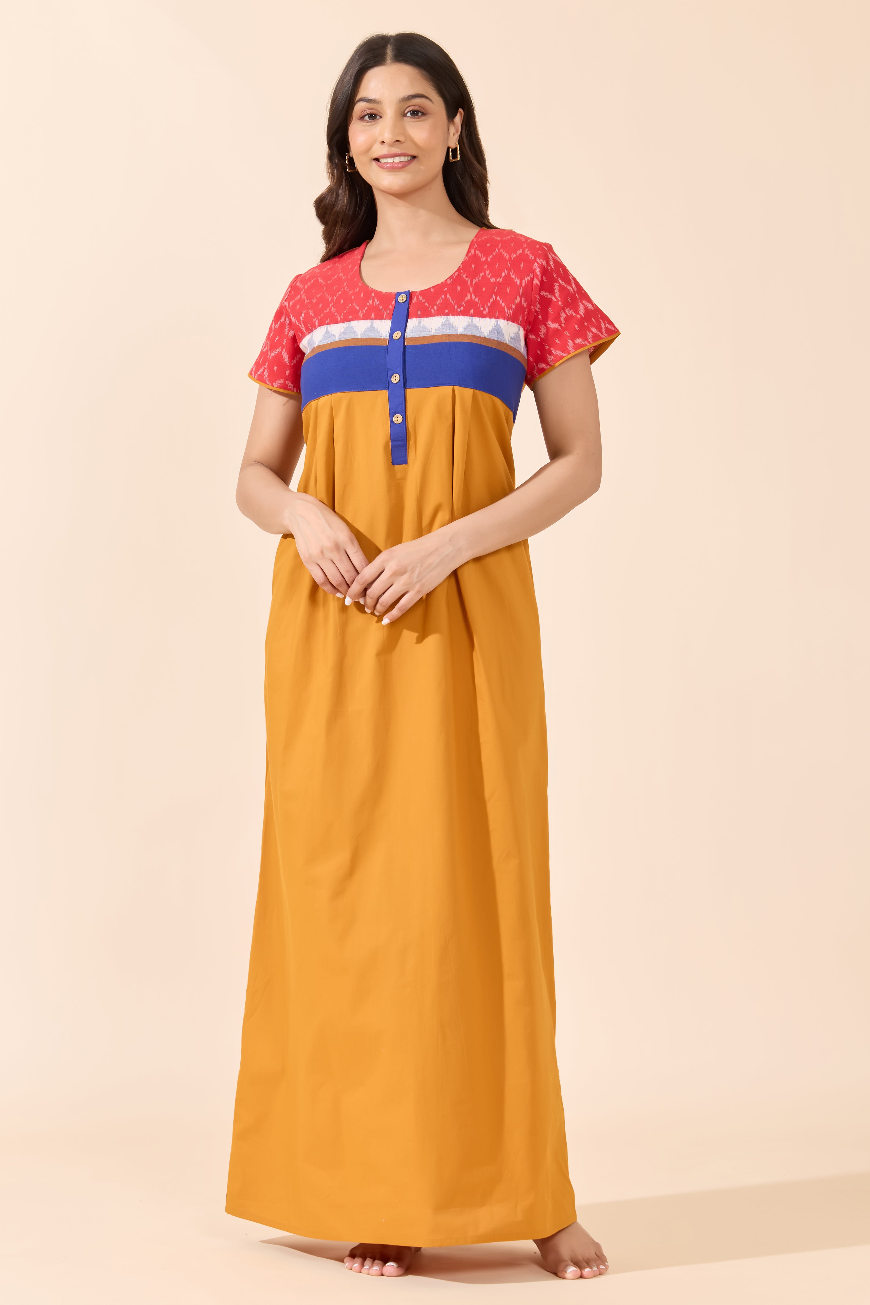 Mustard Solid Cotton Nightwear with Ikat Print