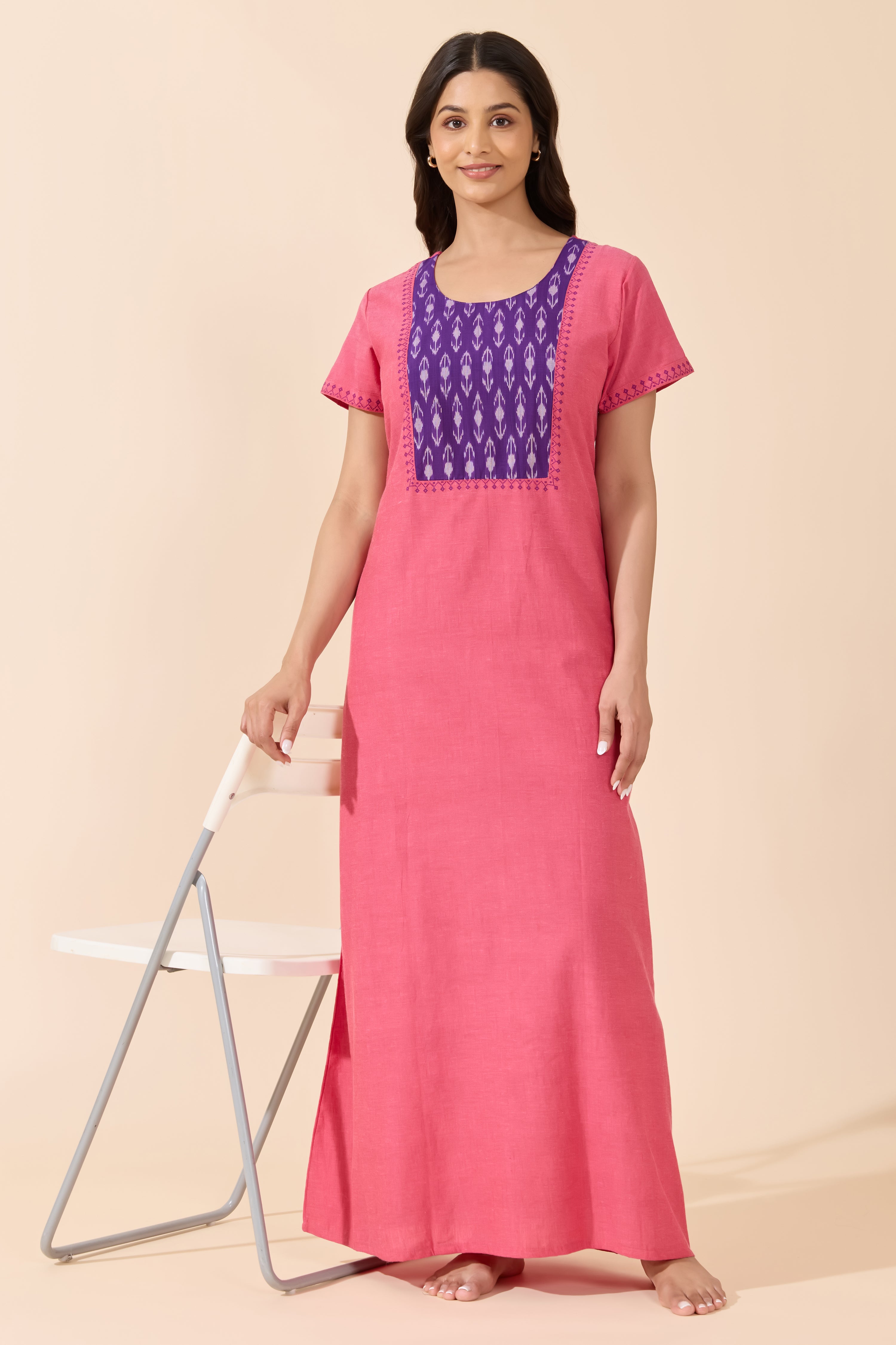 Pink Cotton Nightwear with Ikat Printed Yoke