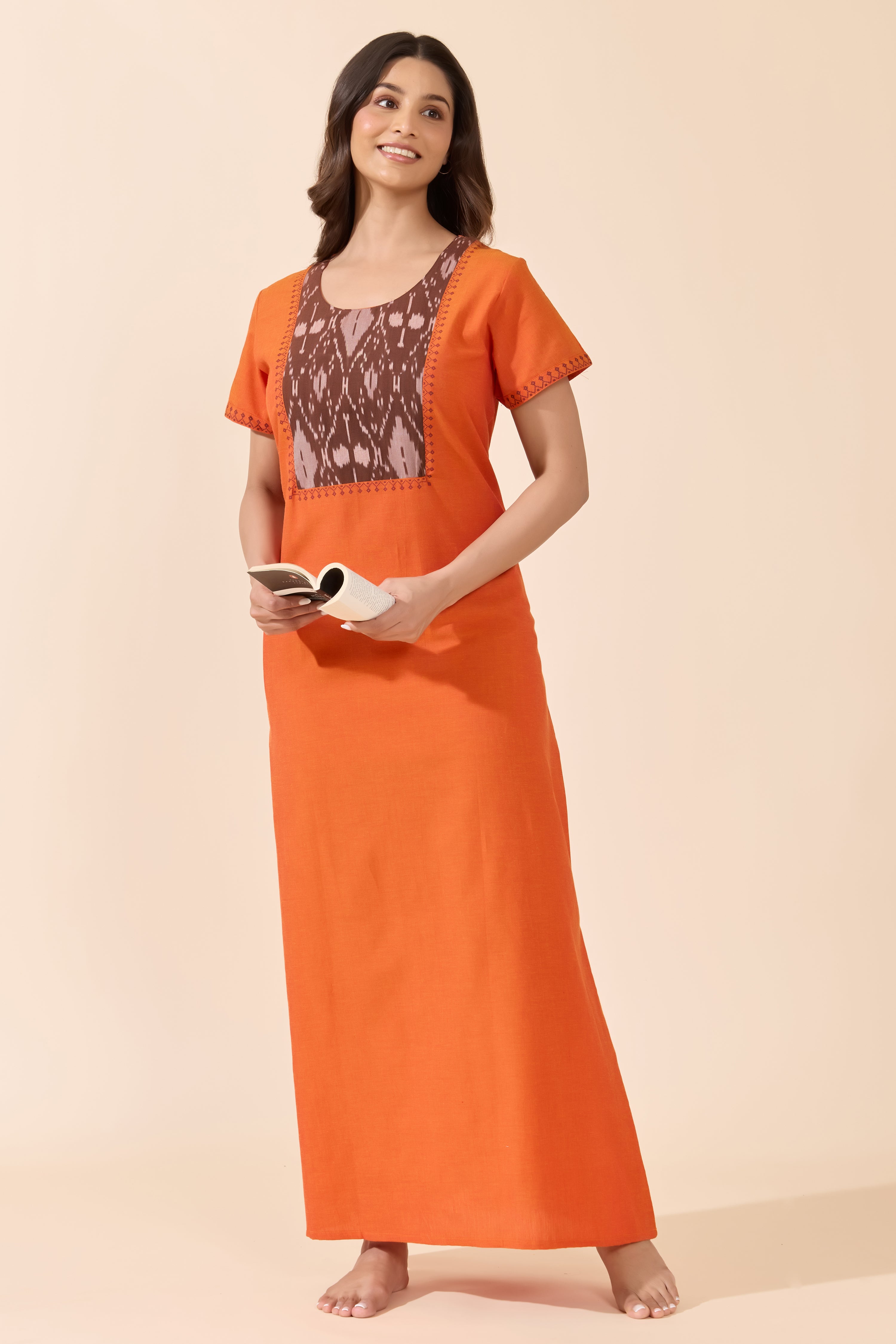 Orange Cotton Nightwear with Ikat Printed Yoke