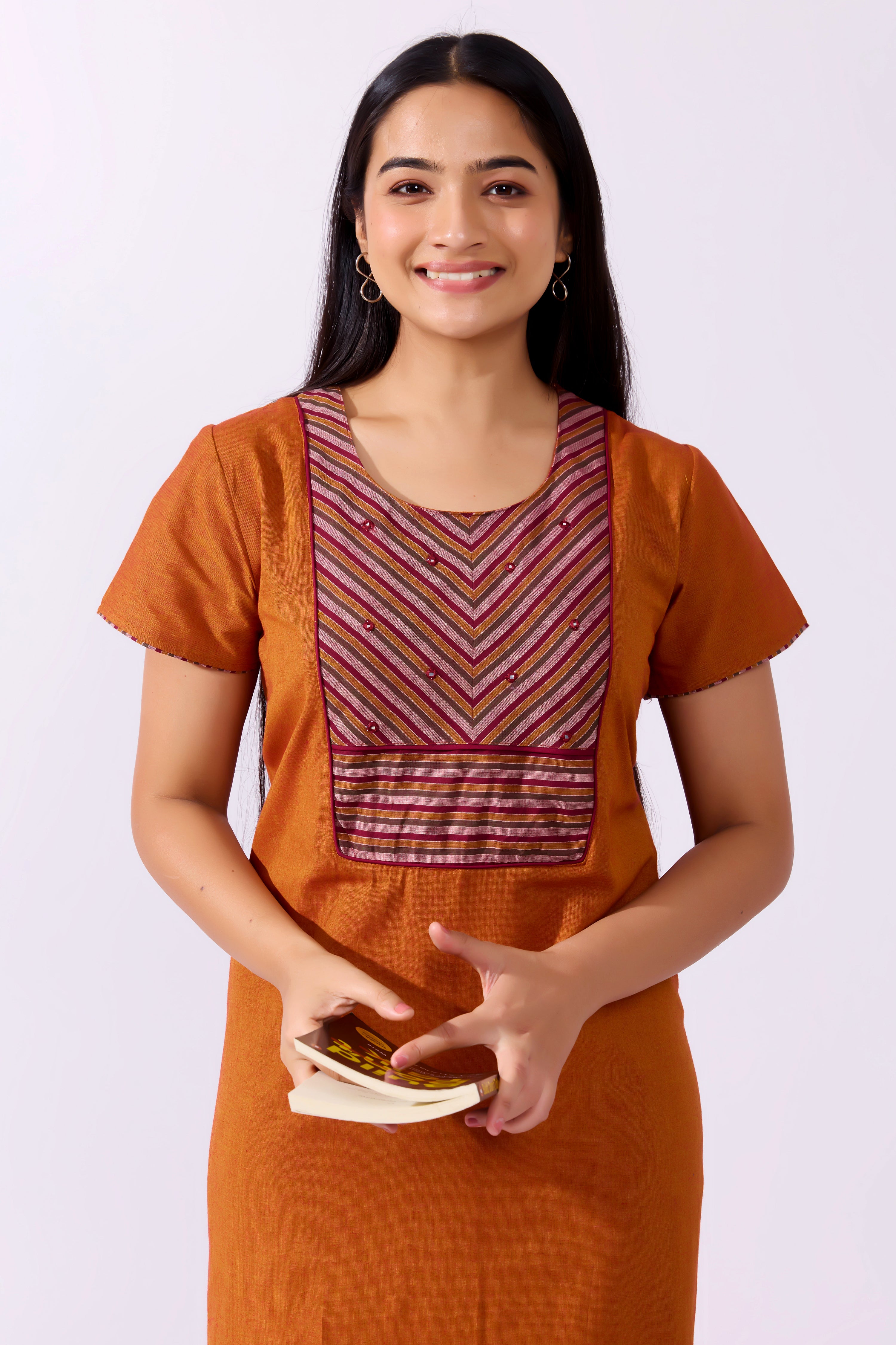 Mustard Cotton Nighty with Striped Yoke