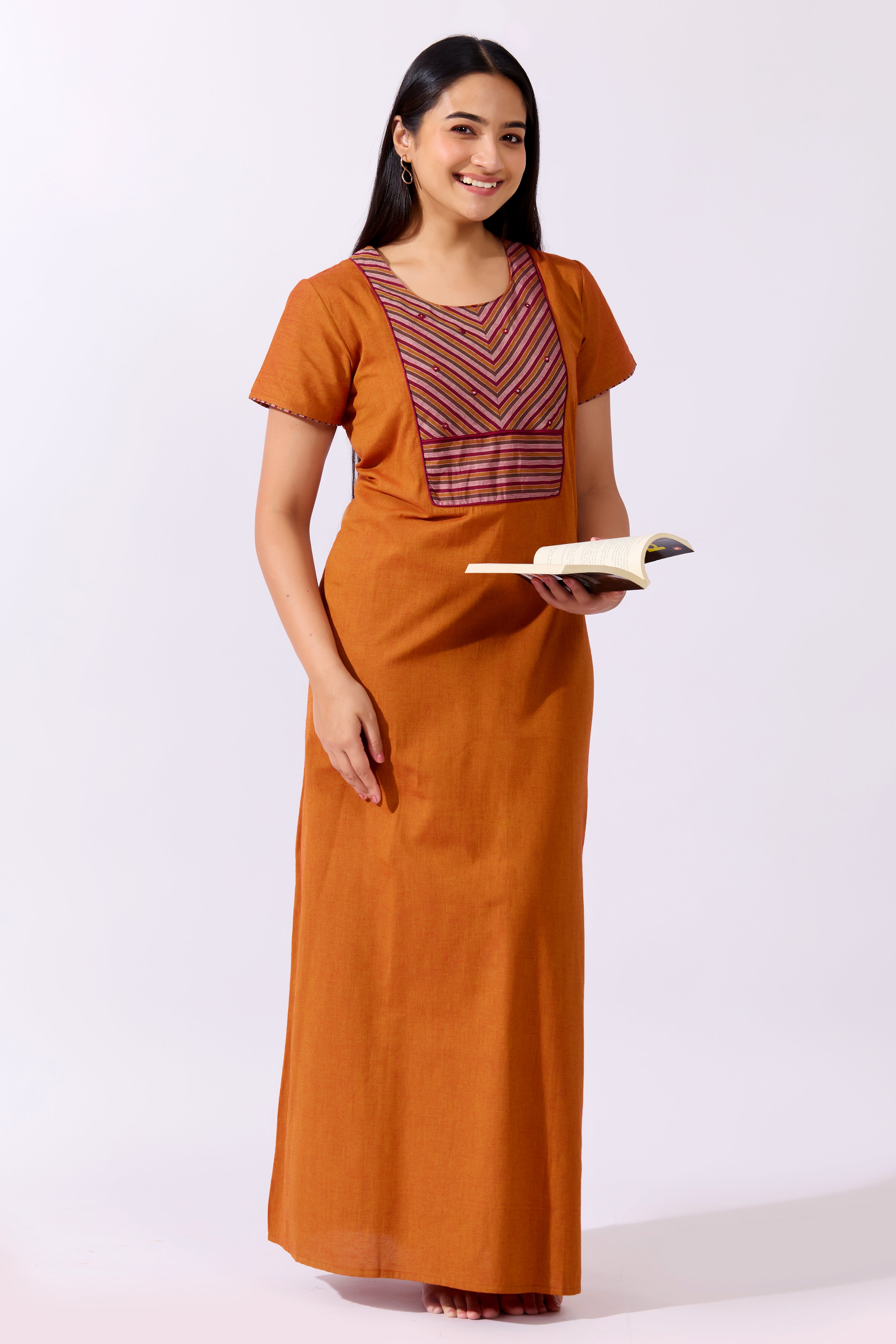 Mustard Cotton Nighty with Striped Yoke