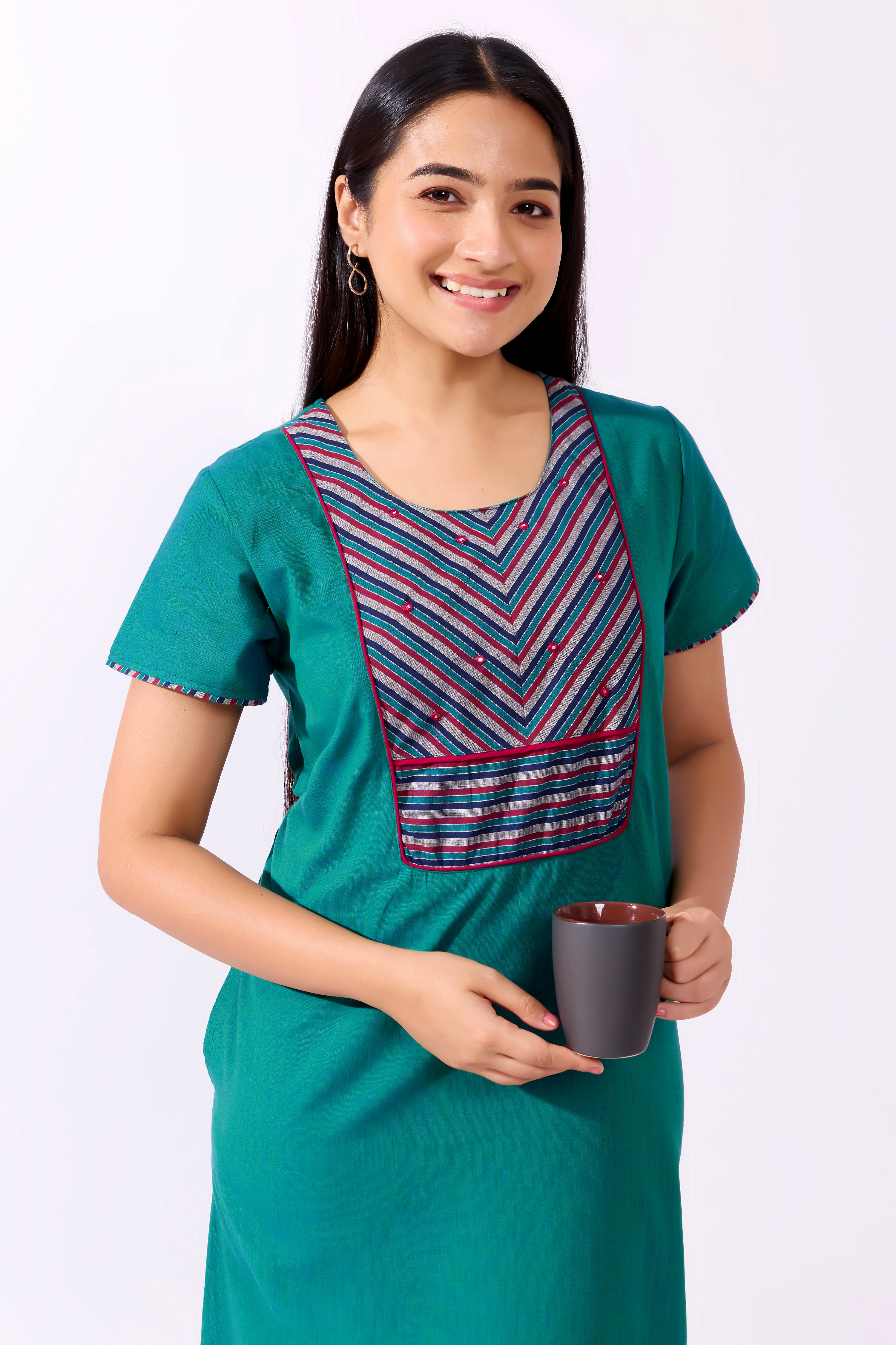 Turuqoise Cotton Nighty with Striped Yoke