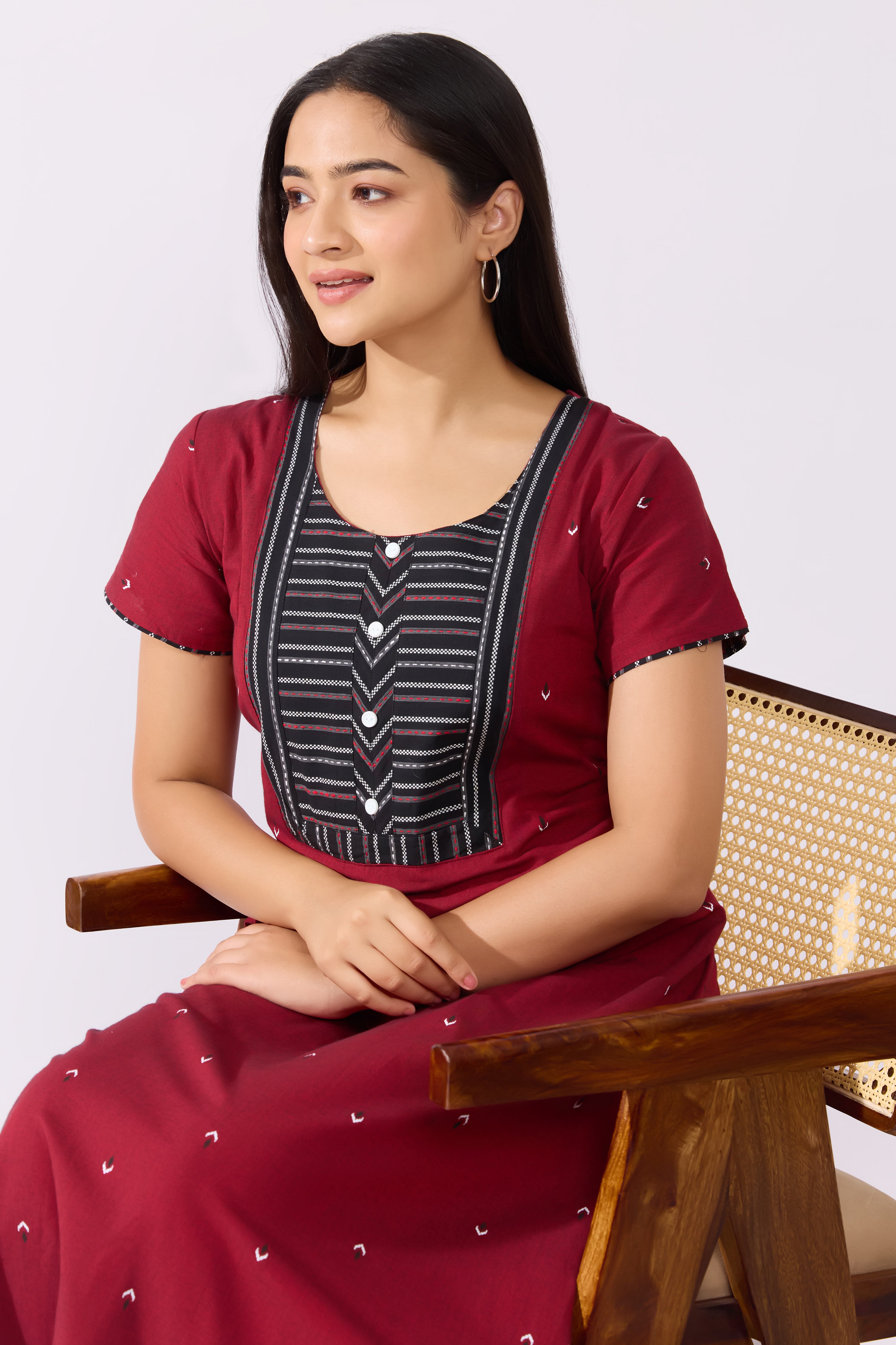 Maroon Cotton Nighty with Dobby Yoke Patchwork