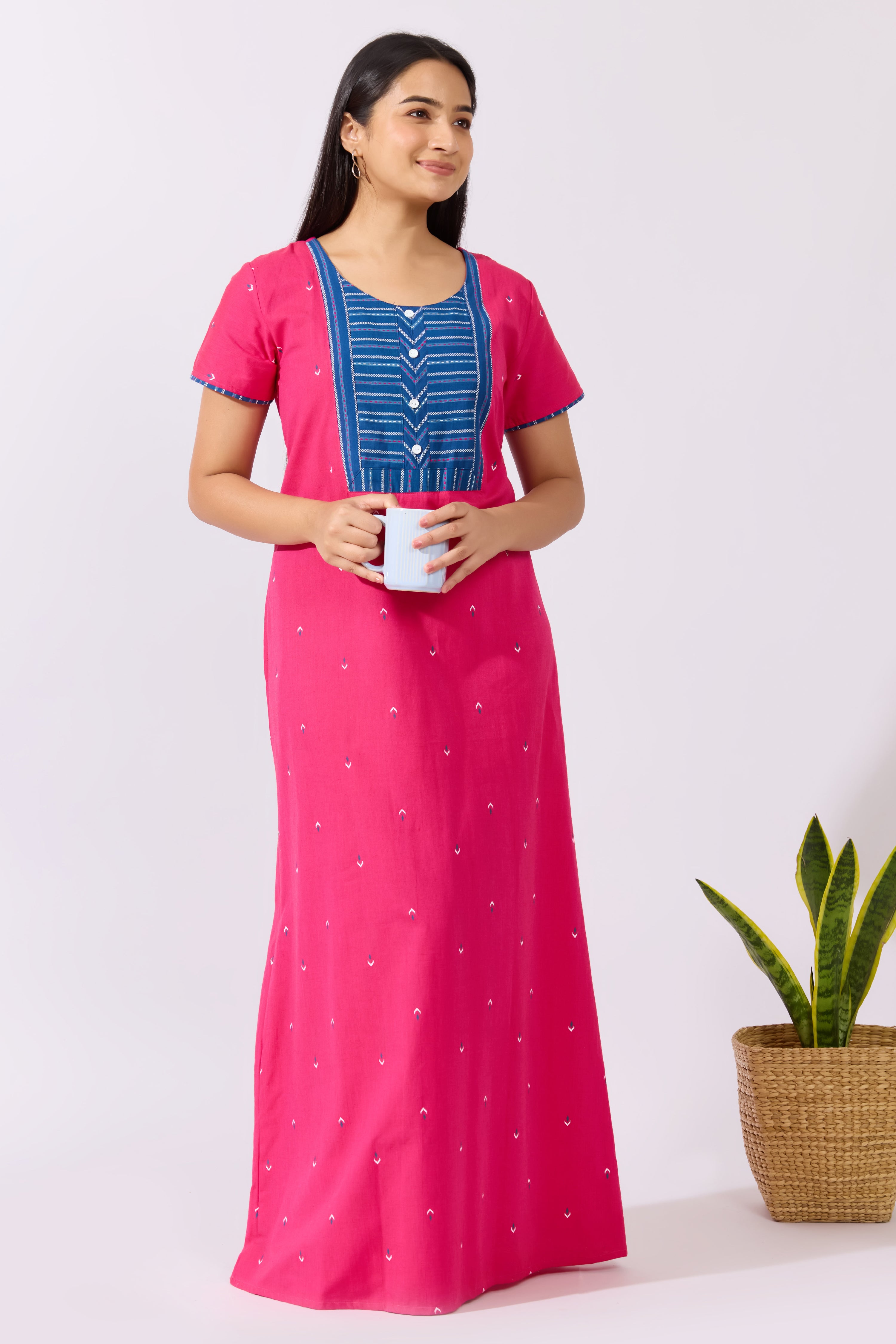 Pink Cotton Nighty with Dobby Yoke Patchwork