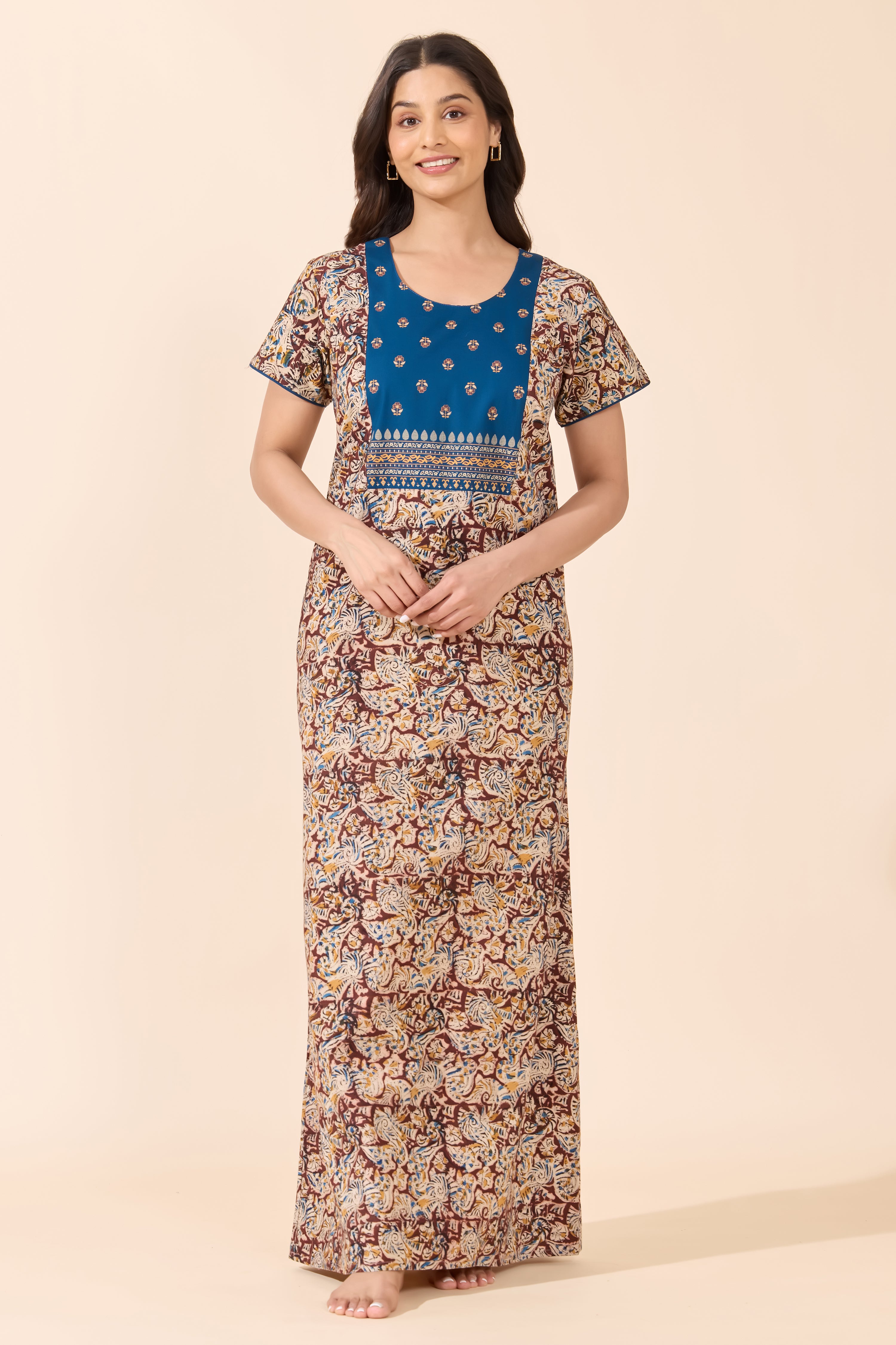 Brown Kalamkari Printed Cotton Nightwear
