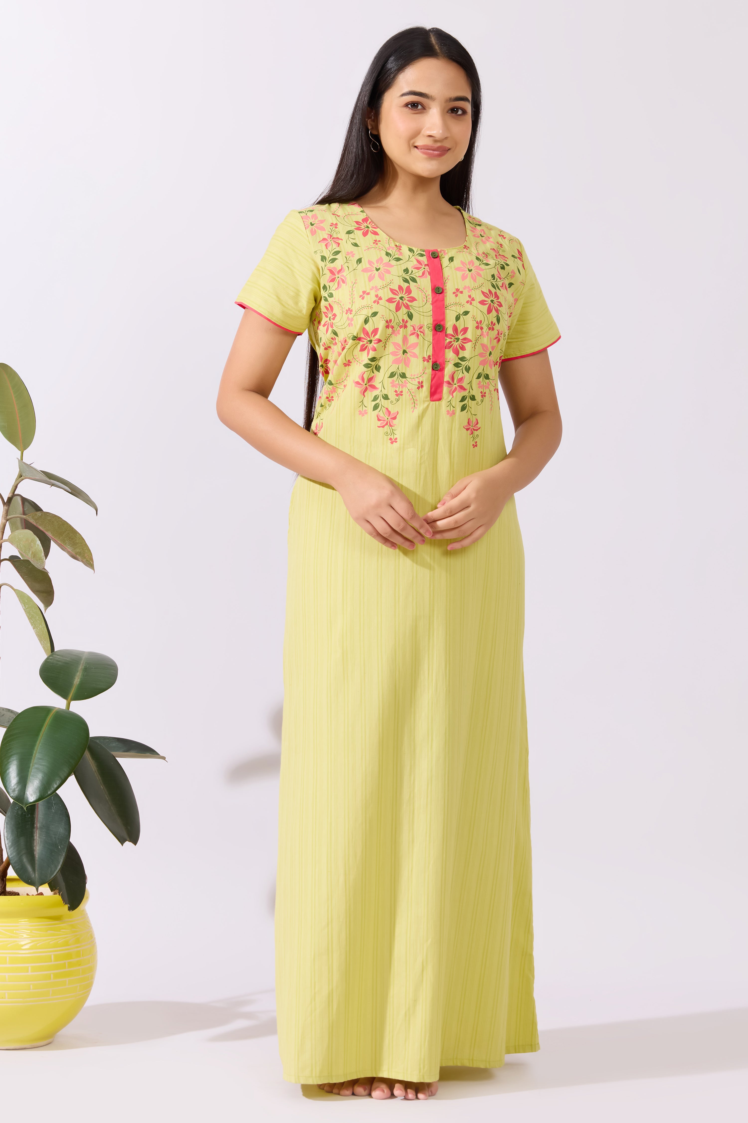 Floral Printed Lime Green Cotton Nighty with Functional Placket