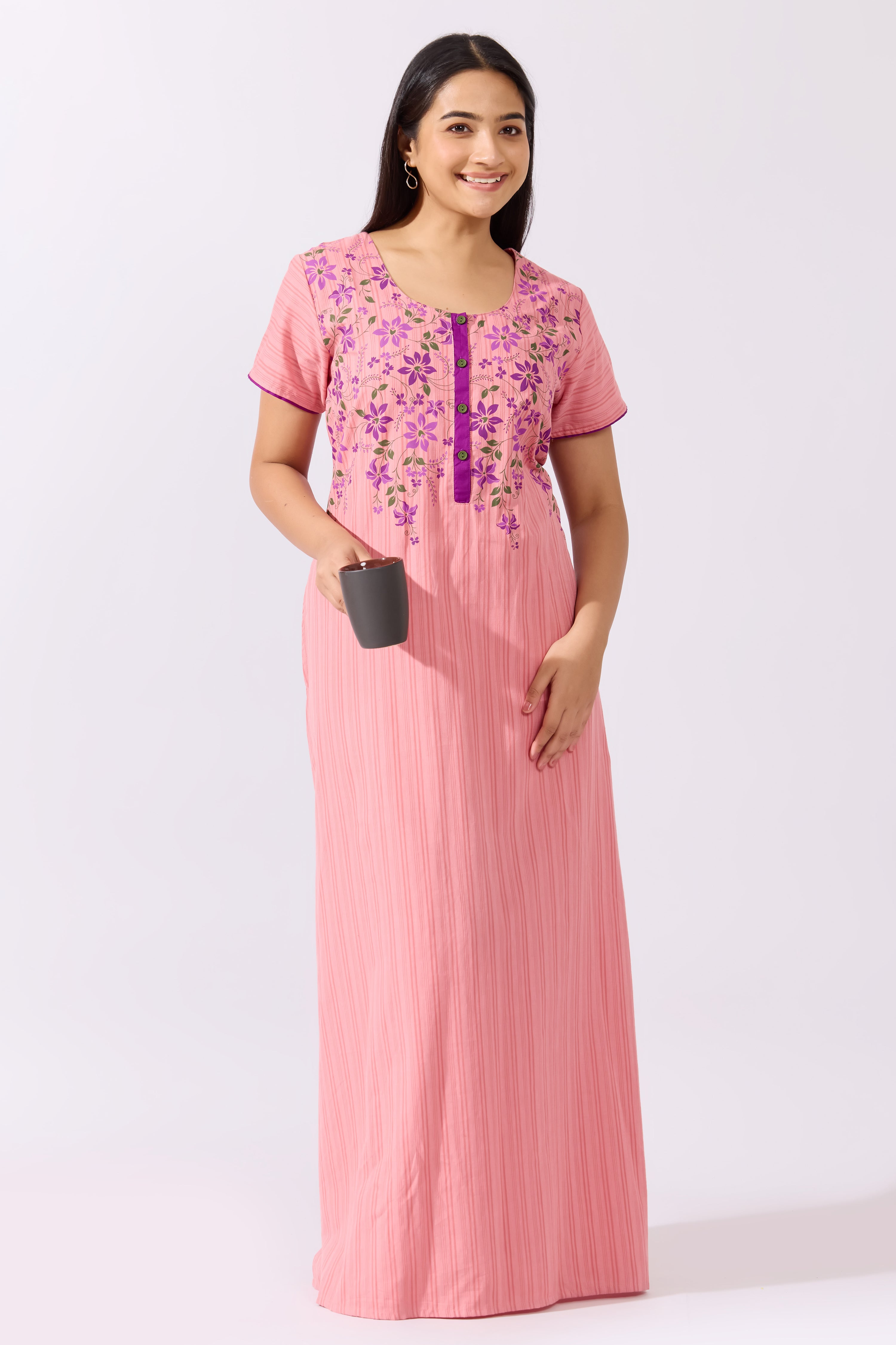Floral Printed Pink Cotton Nighty with Functional Placket
