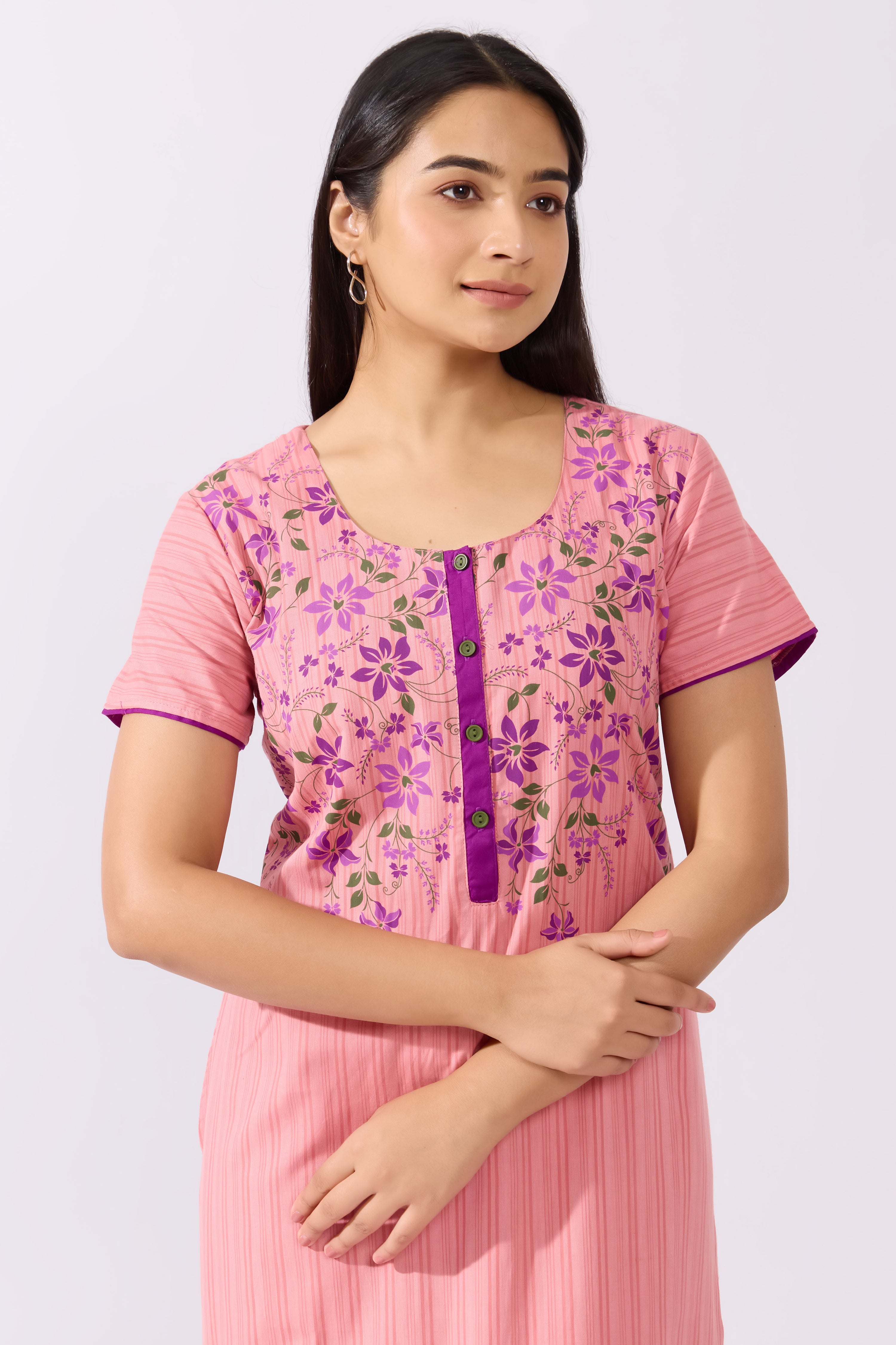 Floral Printed Pink Cotton Nighty with Functional Placket