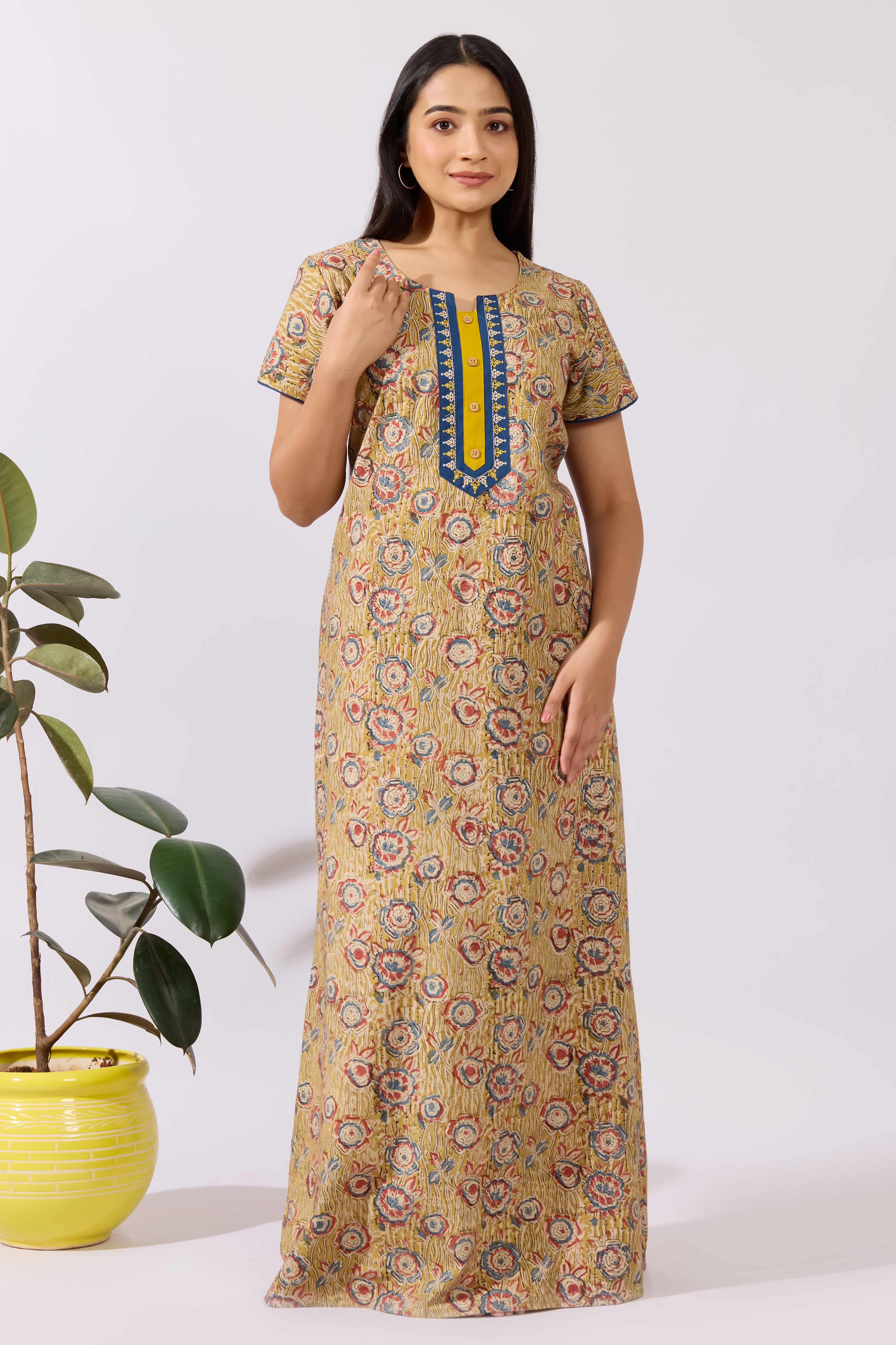 Mustard Kalamkari Printed Nighty with Embroidered Yoke