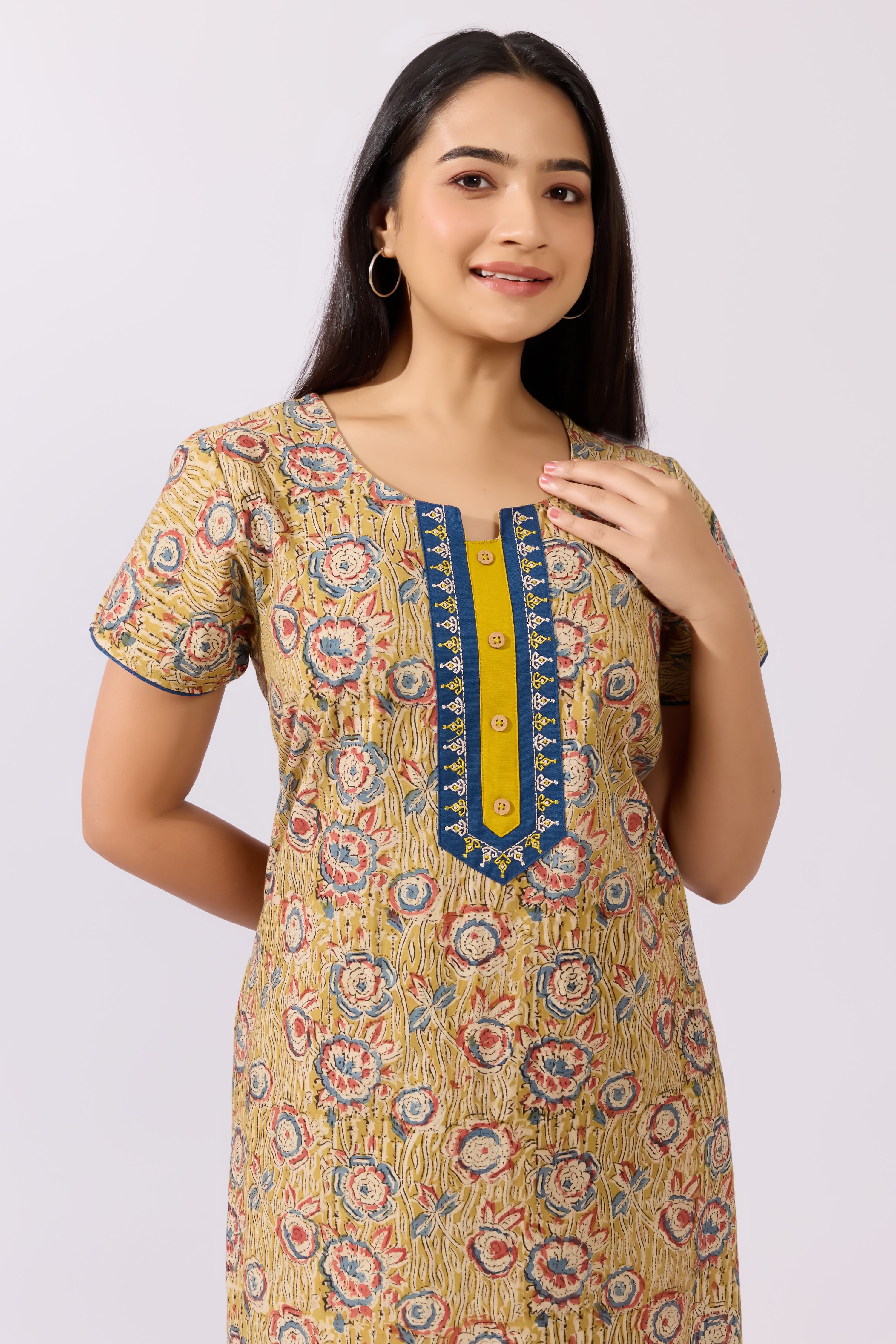 Mustard Kalamkari Printed Nighty with Embroidered Yoke