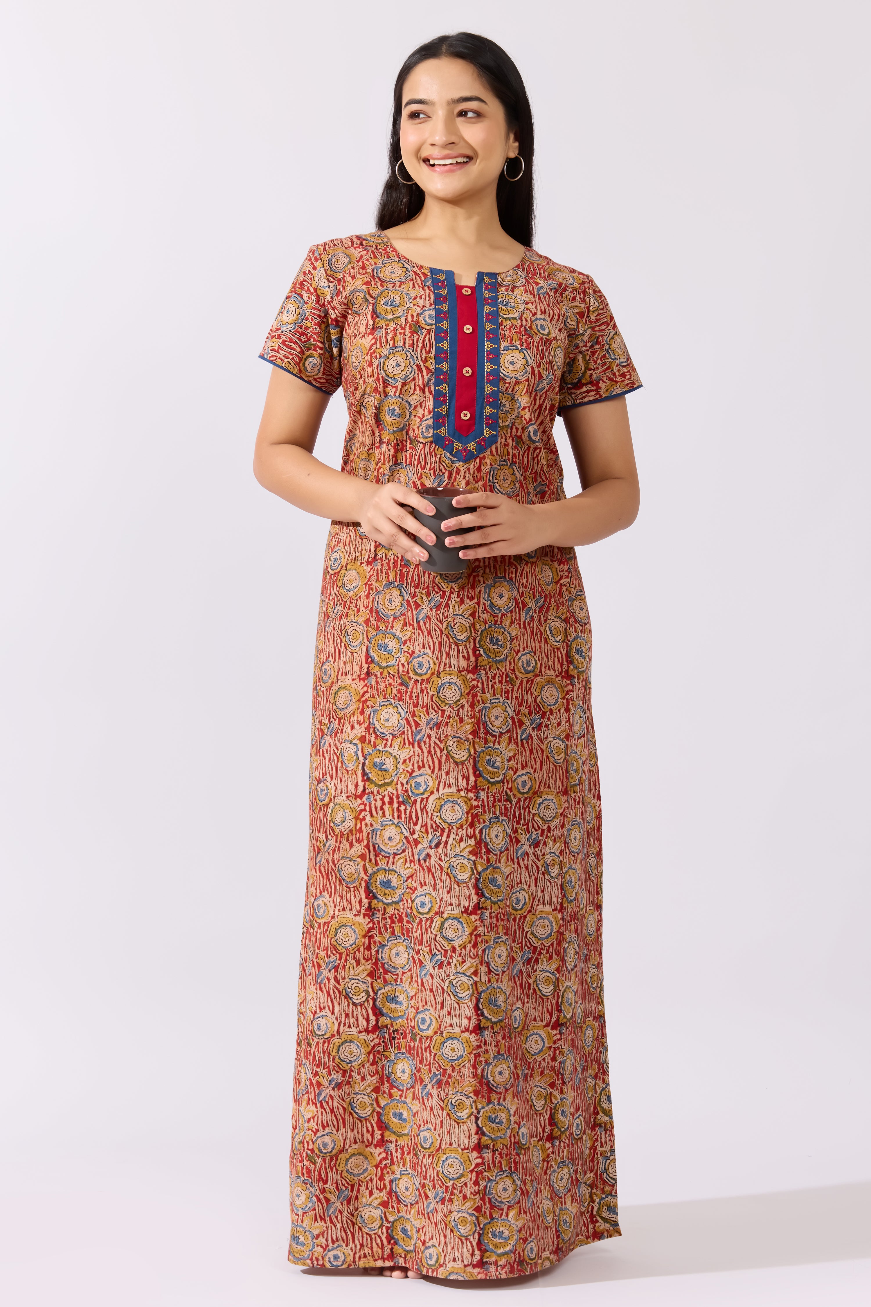 Red Kalamkari Printed Nighty with Embroidered Yoke
