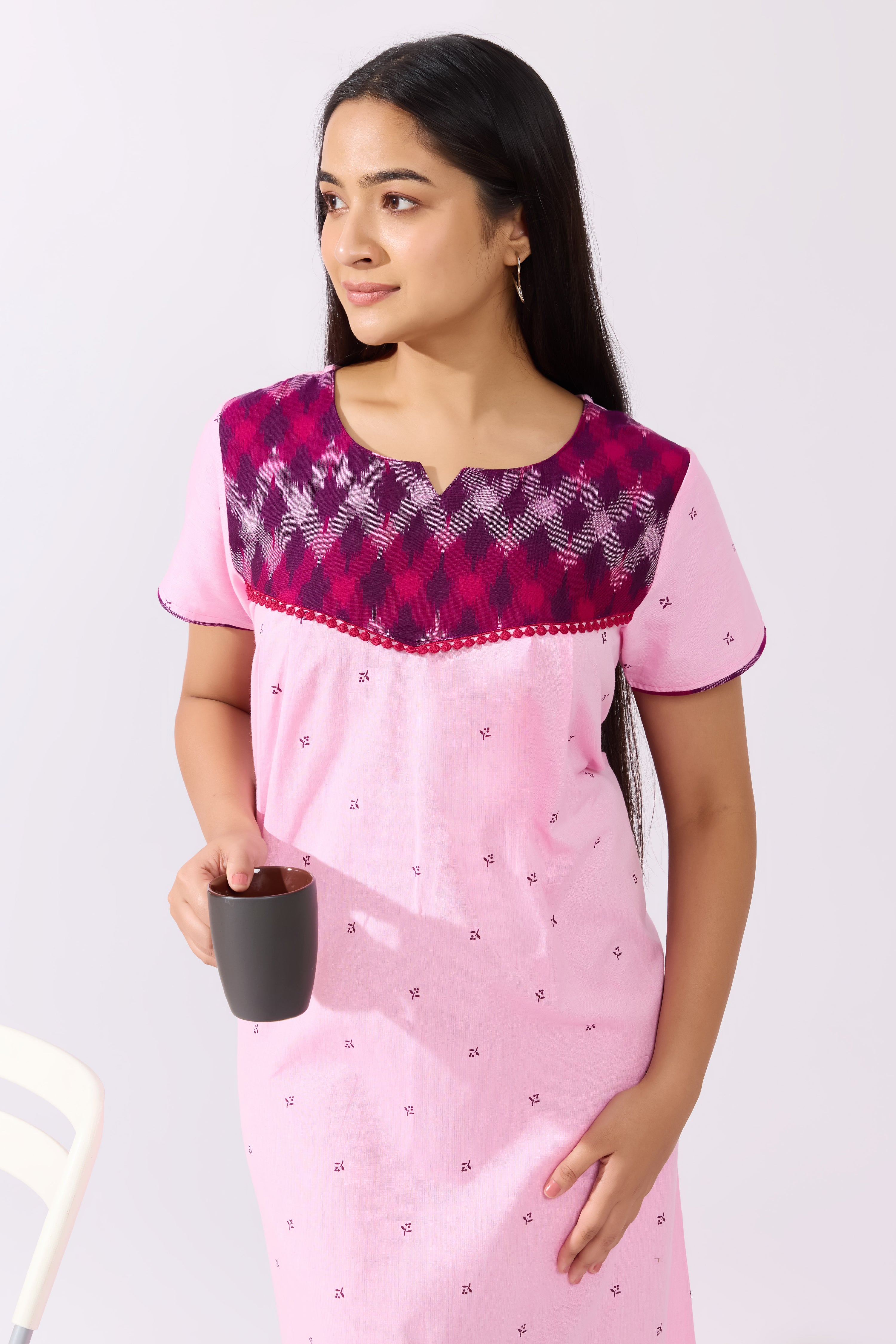Pink Cotton Printed Nighty with Ikkat Weave Yoke