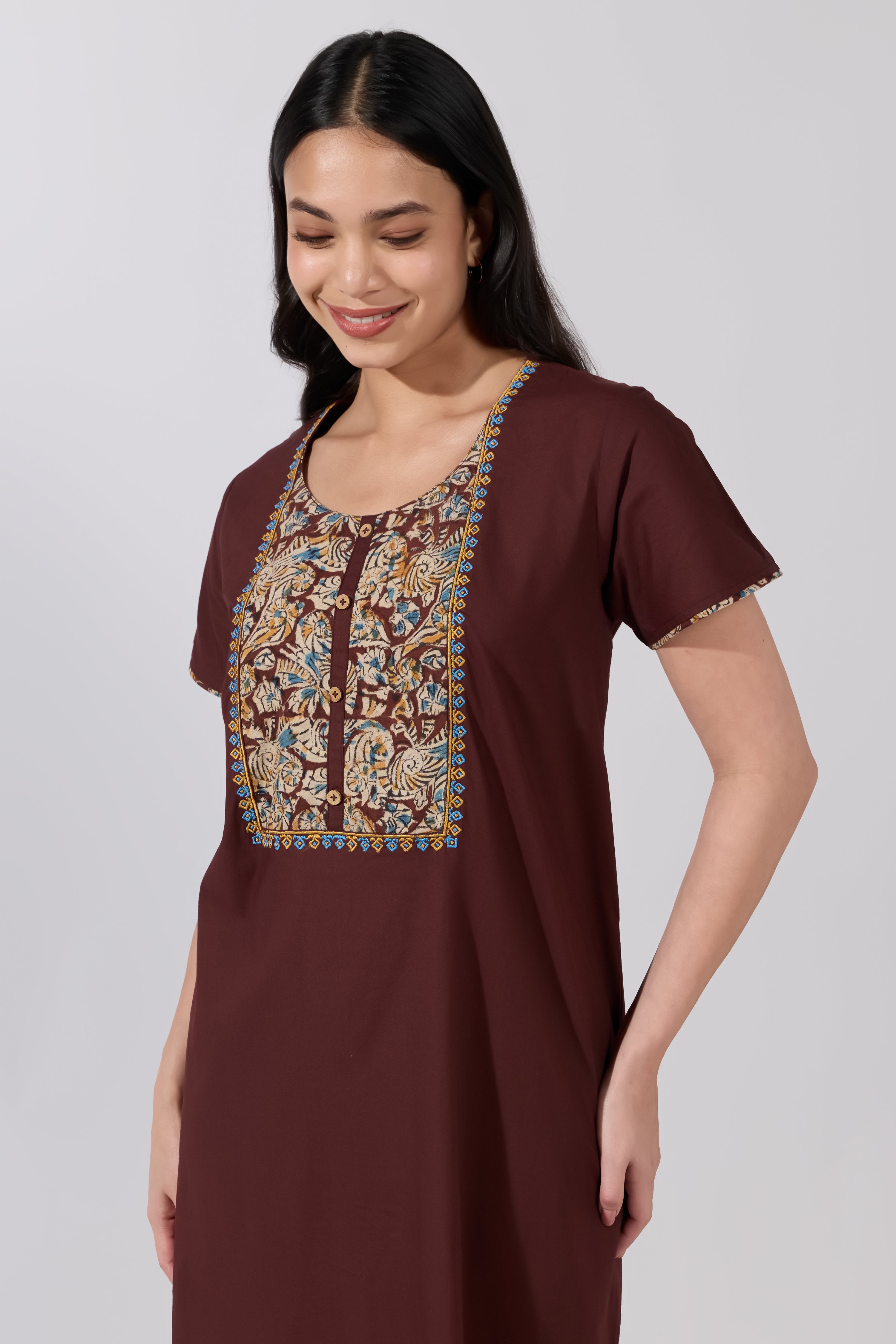 BROWN COTTON NIGHTWEAR WITH KALAMKARI YOKE