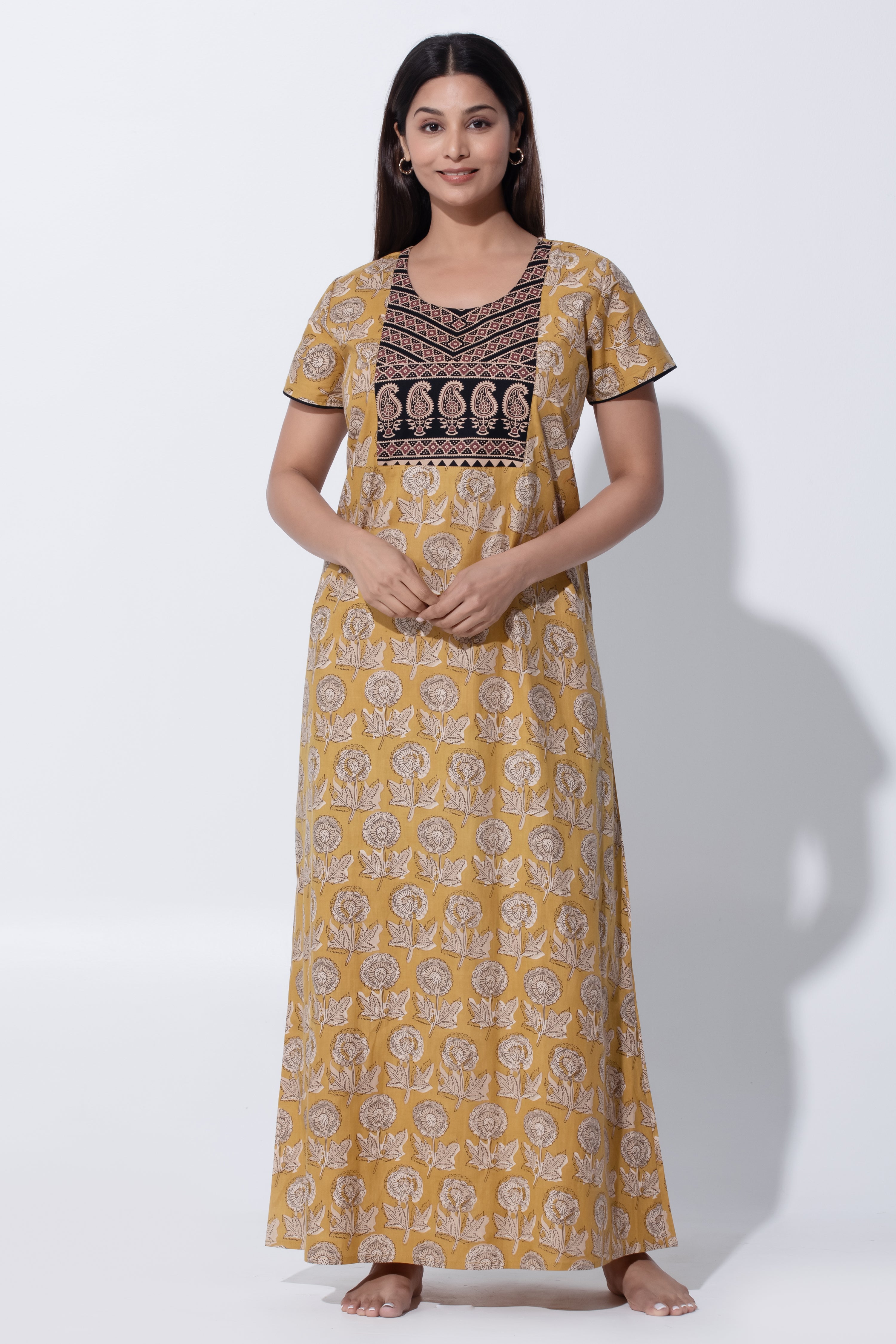Mustard Cotton Nightwear with Floral & Block Print Yoke