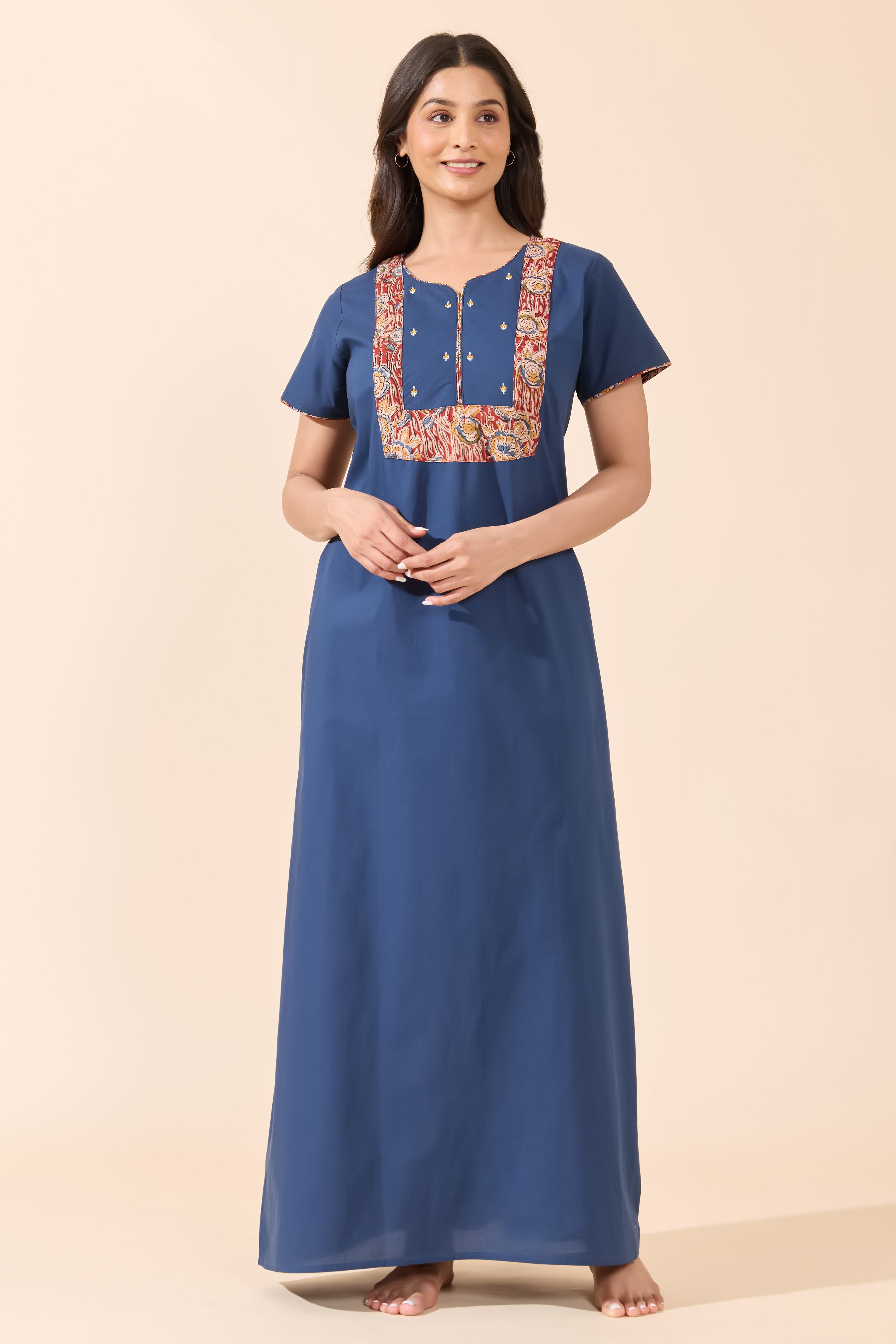 Blue Cotton Nightwear with Kalamkari Printed Yoke
