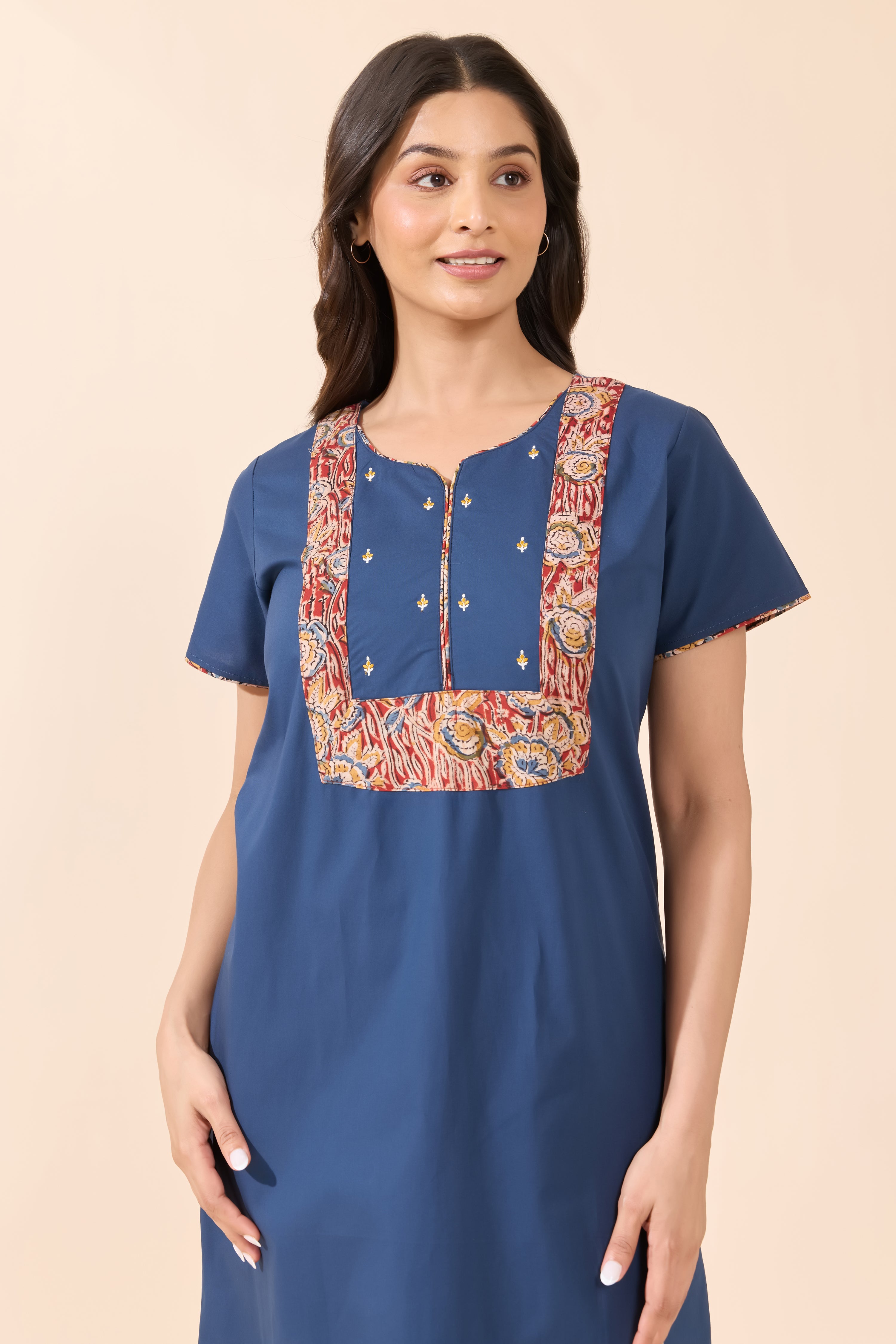 Blue Cotton Nightwear with Kalamkari Printed Yoke