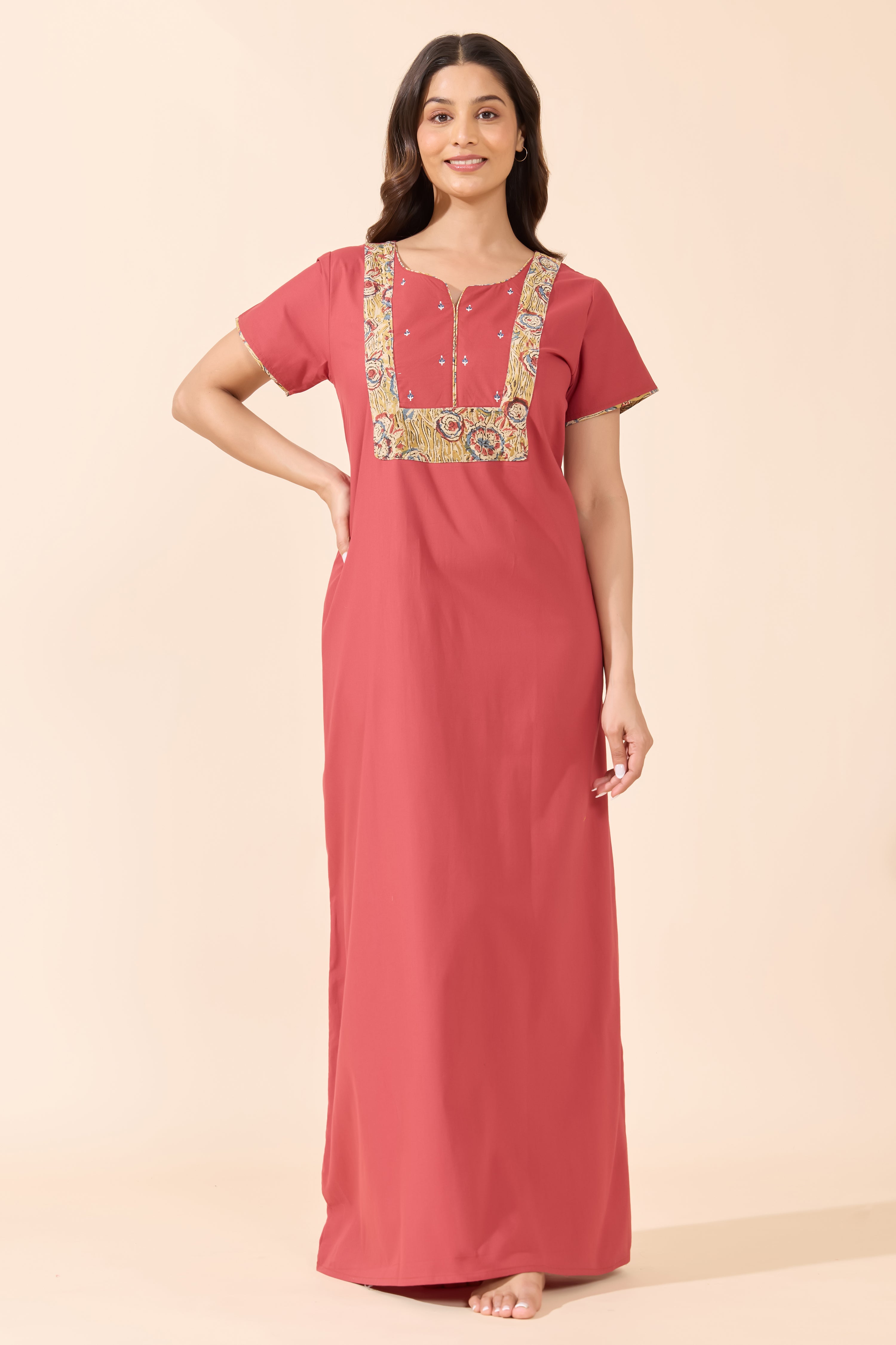 Red Cotton Nightwear with Kalamkari Printed Yoke