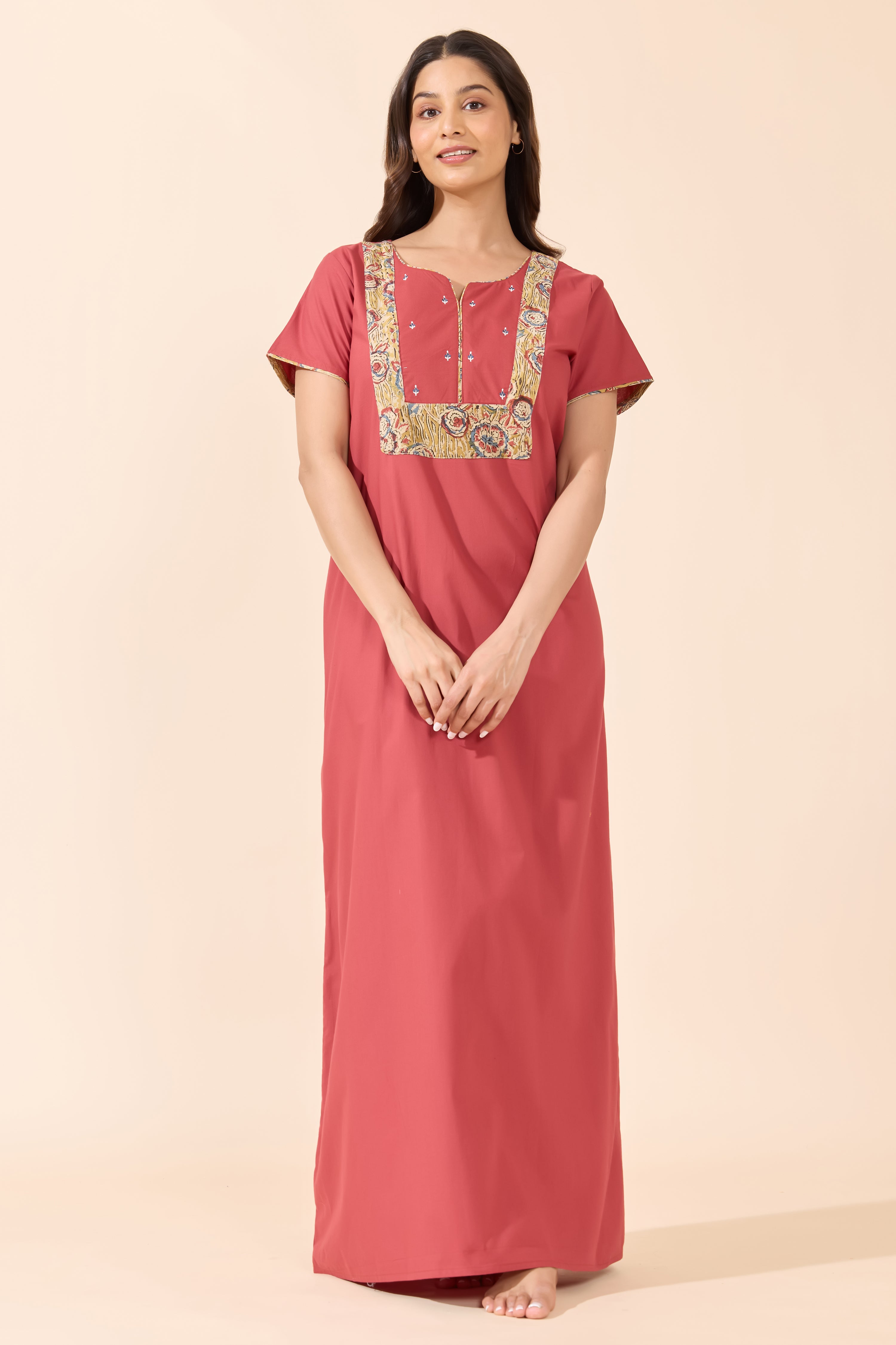 Red Cotton Nightwear with Kalamkari Printed Yoke