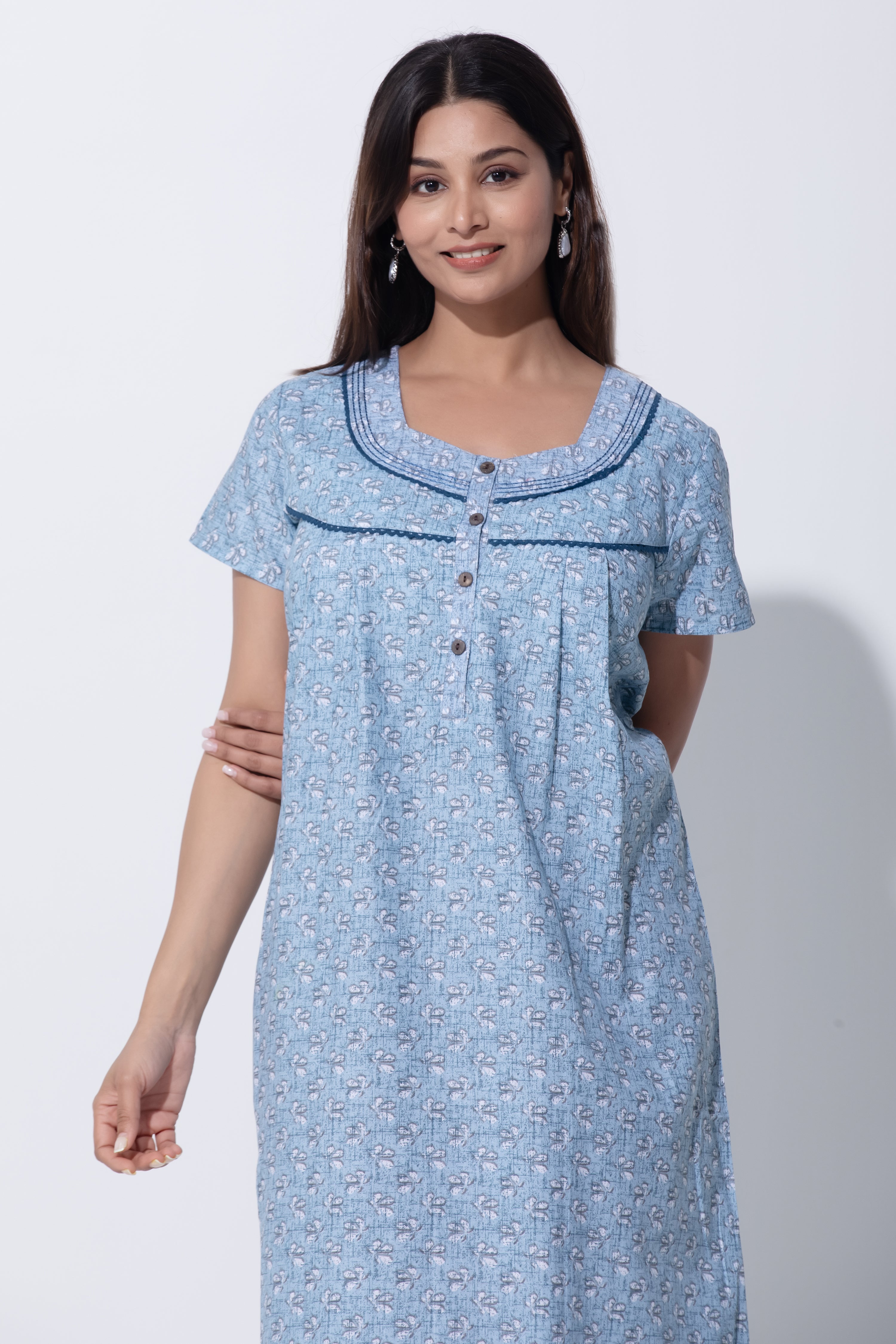 Blue Sqaure V Neck Nighty with Floral Print & Lace Yoke Design