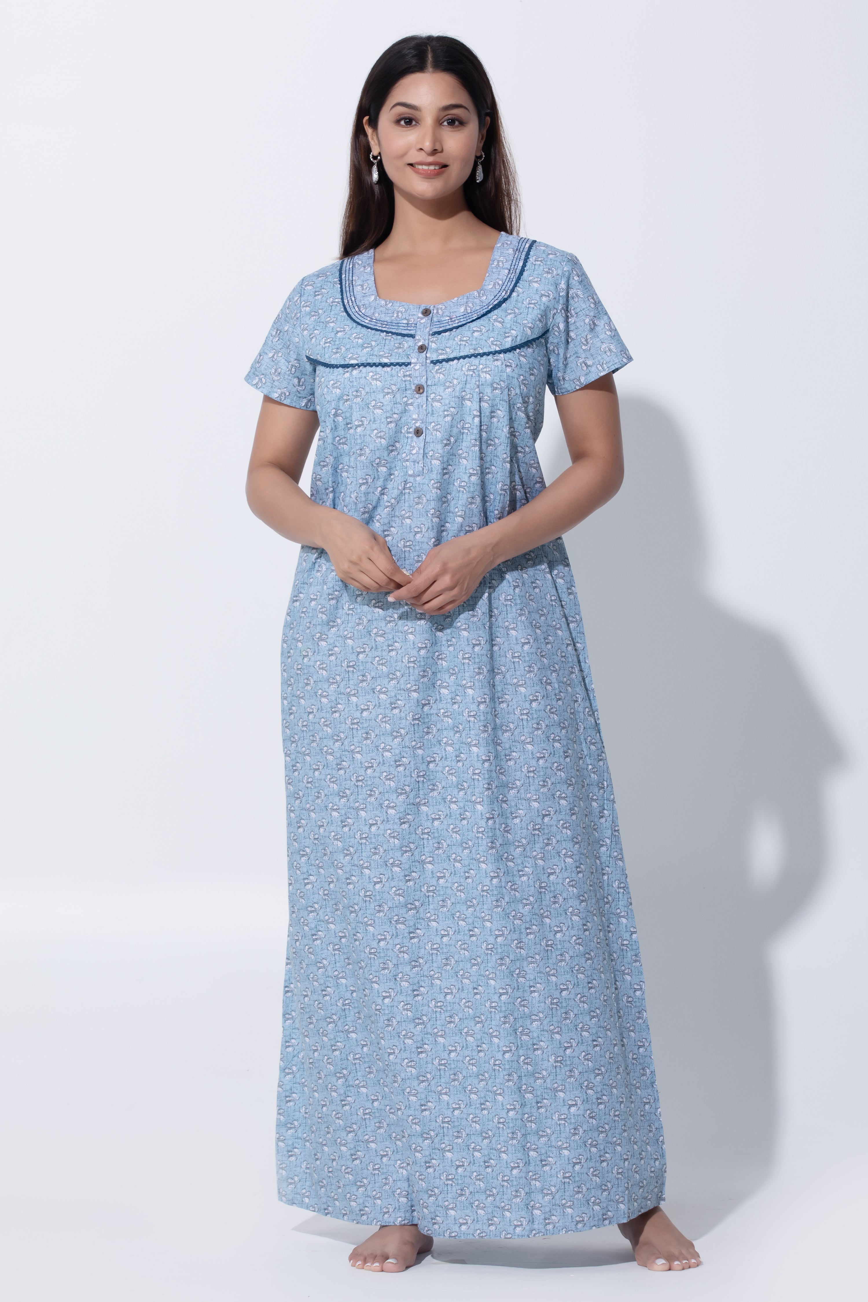 Blue Sqaure V Neck Nighty with Floral Print & Lace Yoke Design