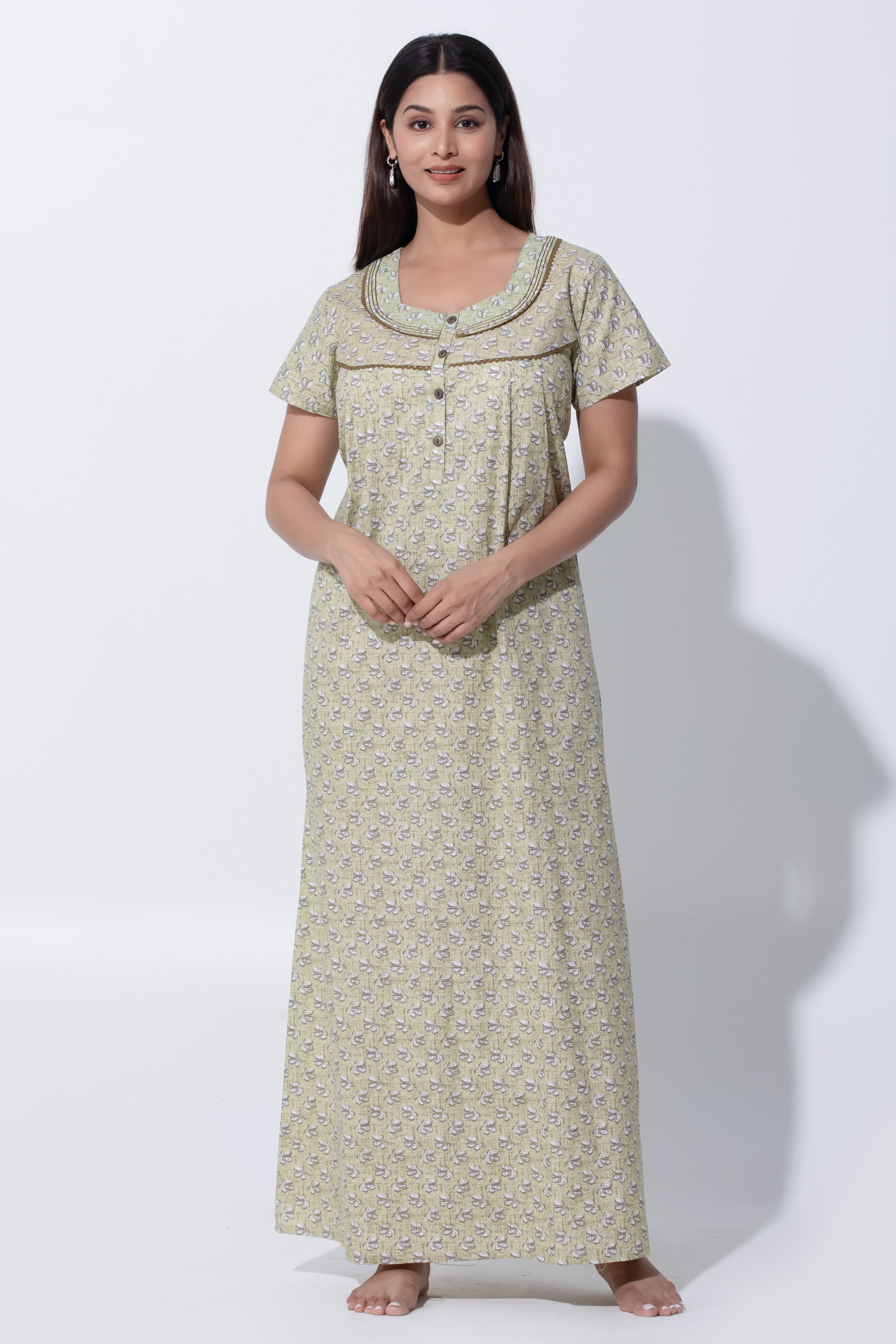 Pastel Green Sqaure V-Neck Nighty with Floral Print & Lace Yoke Design