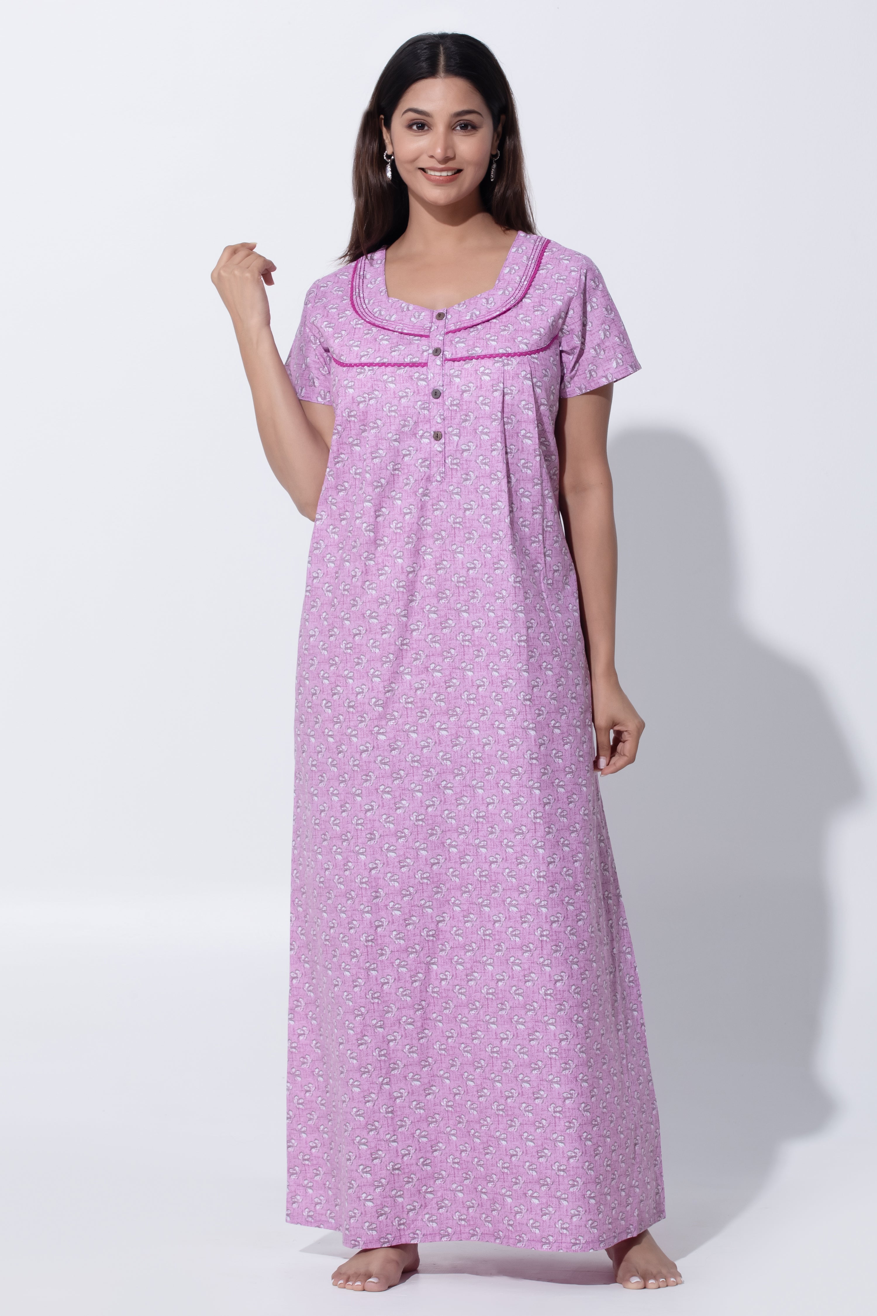 Pink Sqaure V Neck Nighty with Floral Print & Lace Yoke Design