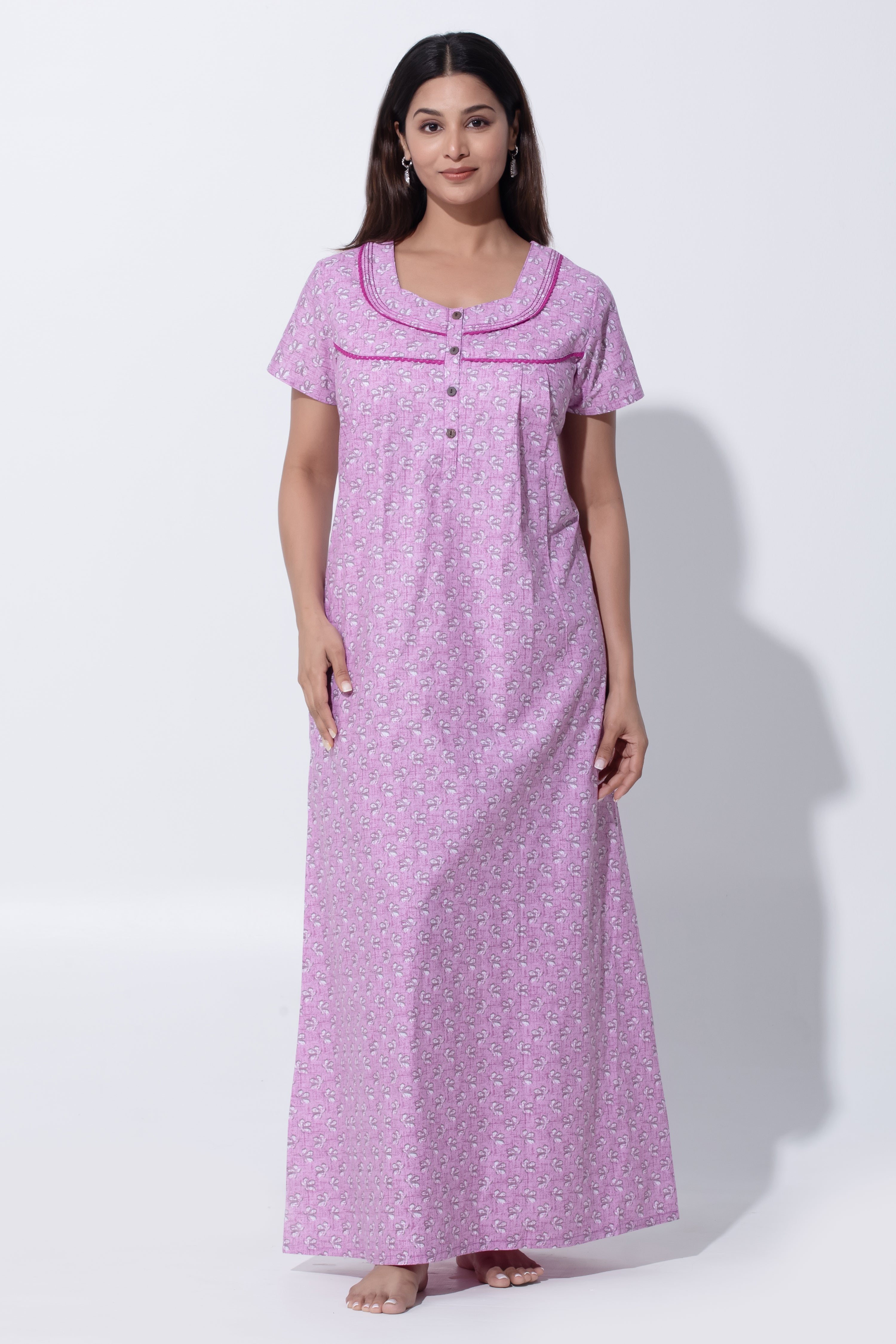 Pink Sqaure V Neck Nighty with Floral Print & Lace Yoke Design