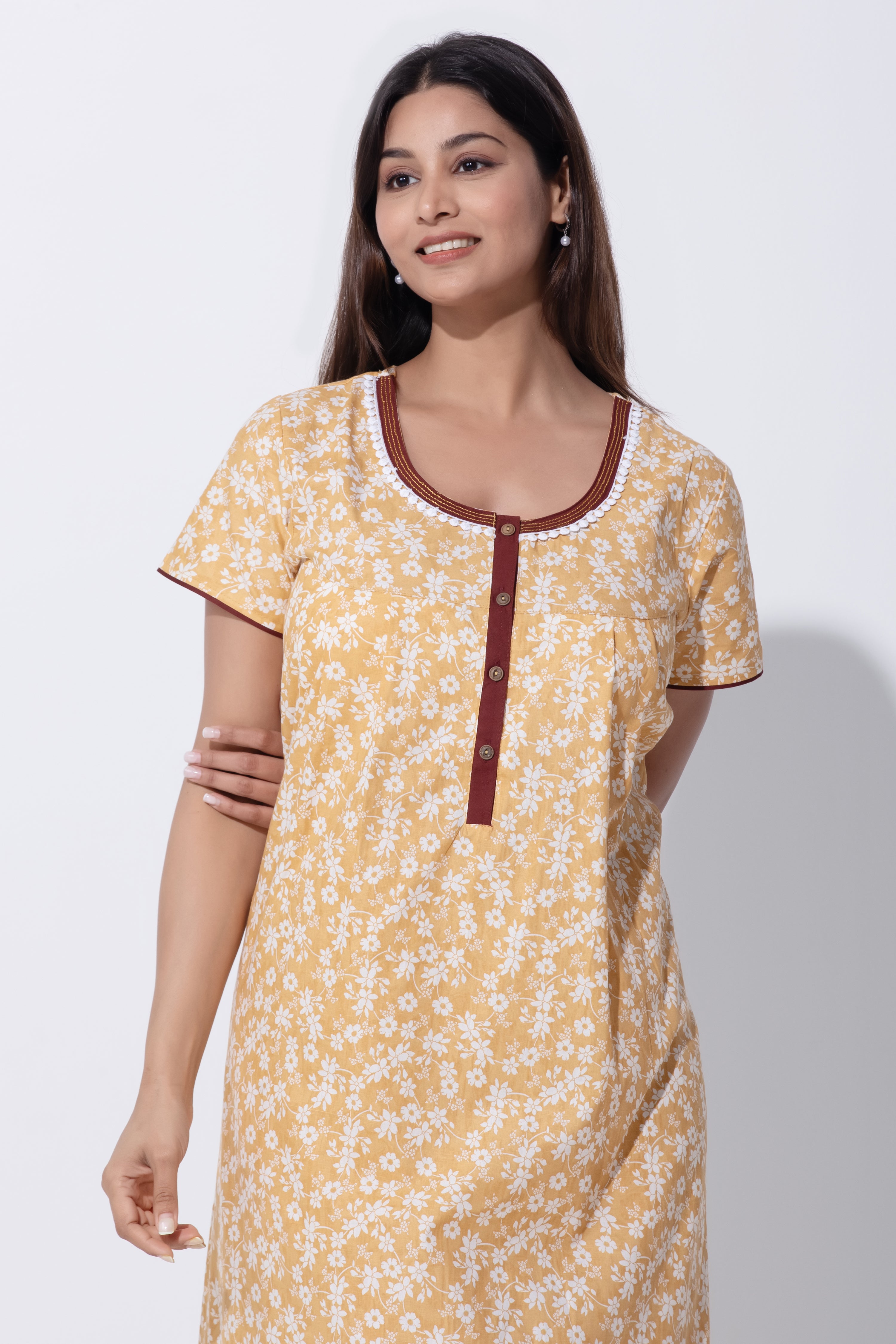 Mustard Nighty with Floral Print & Running Stitch Detail