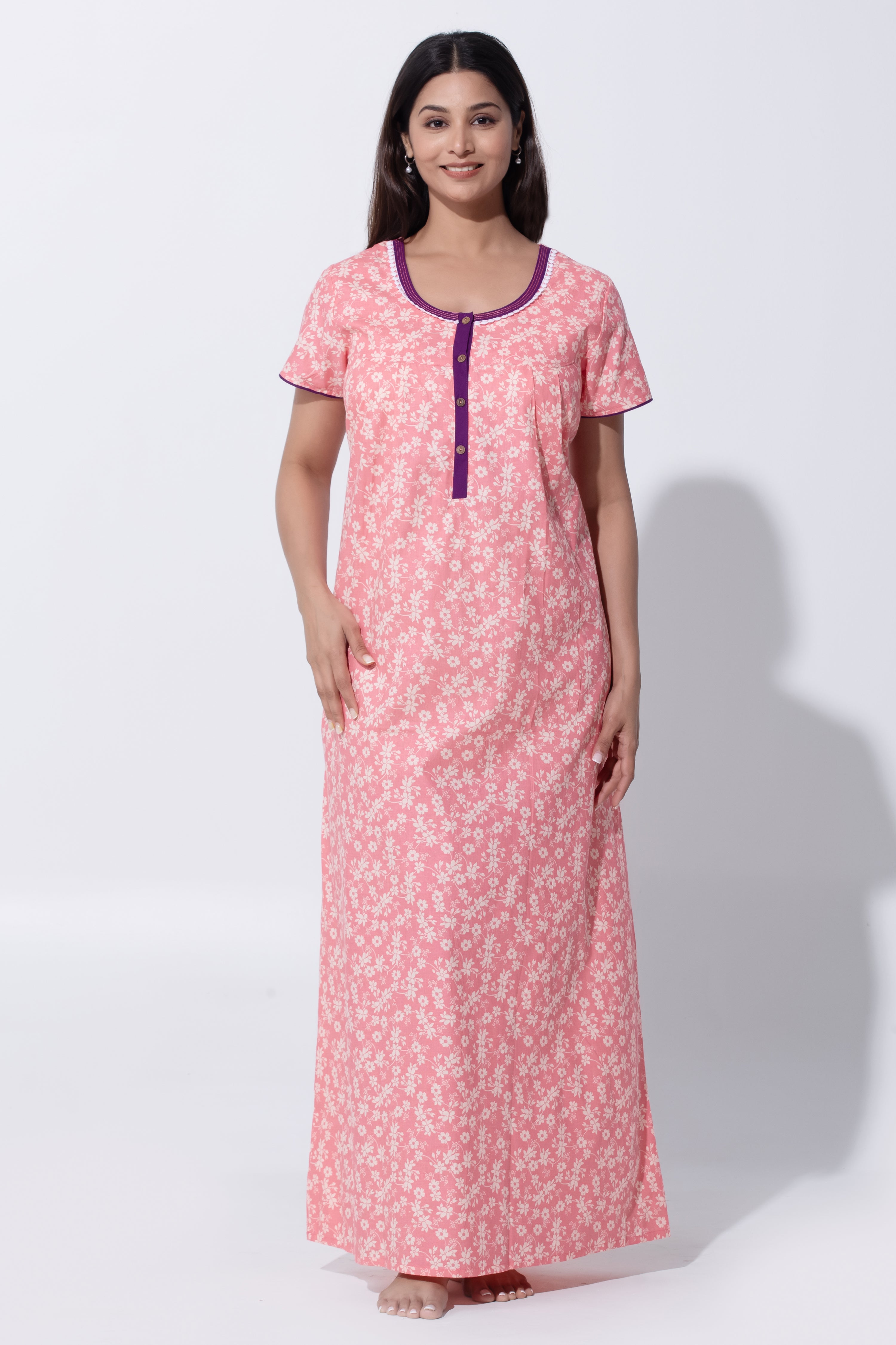 Peach Nighty with Floral Print & Running Stitch Detail