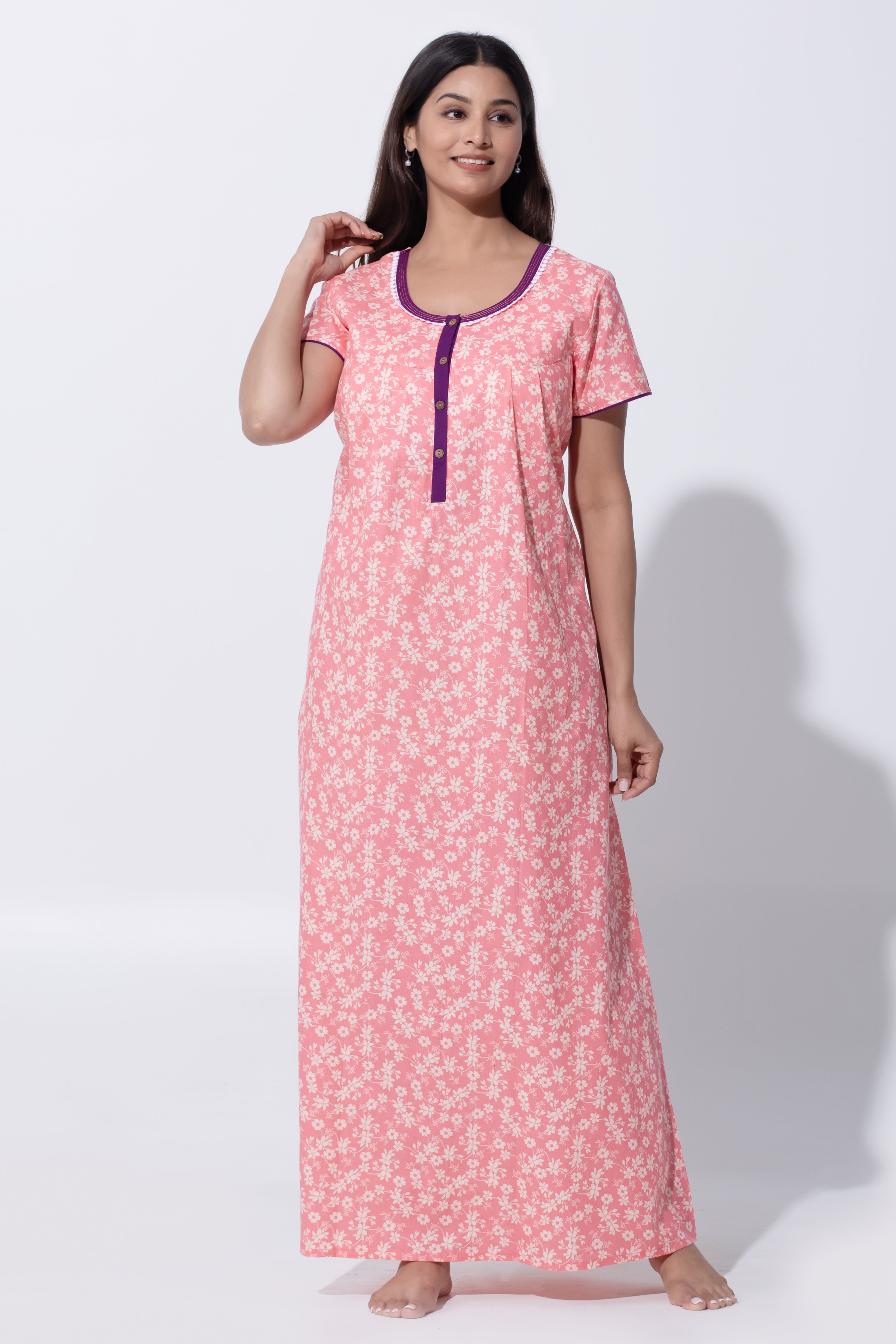 Peach Nighty with Floral Print & Running Stitch Detail