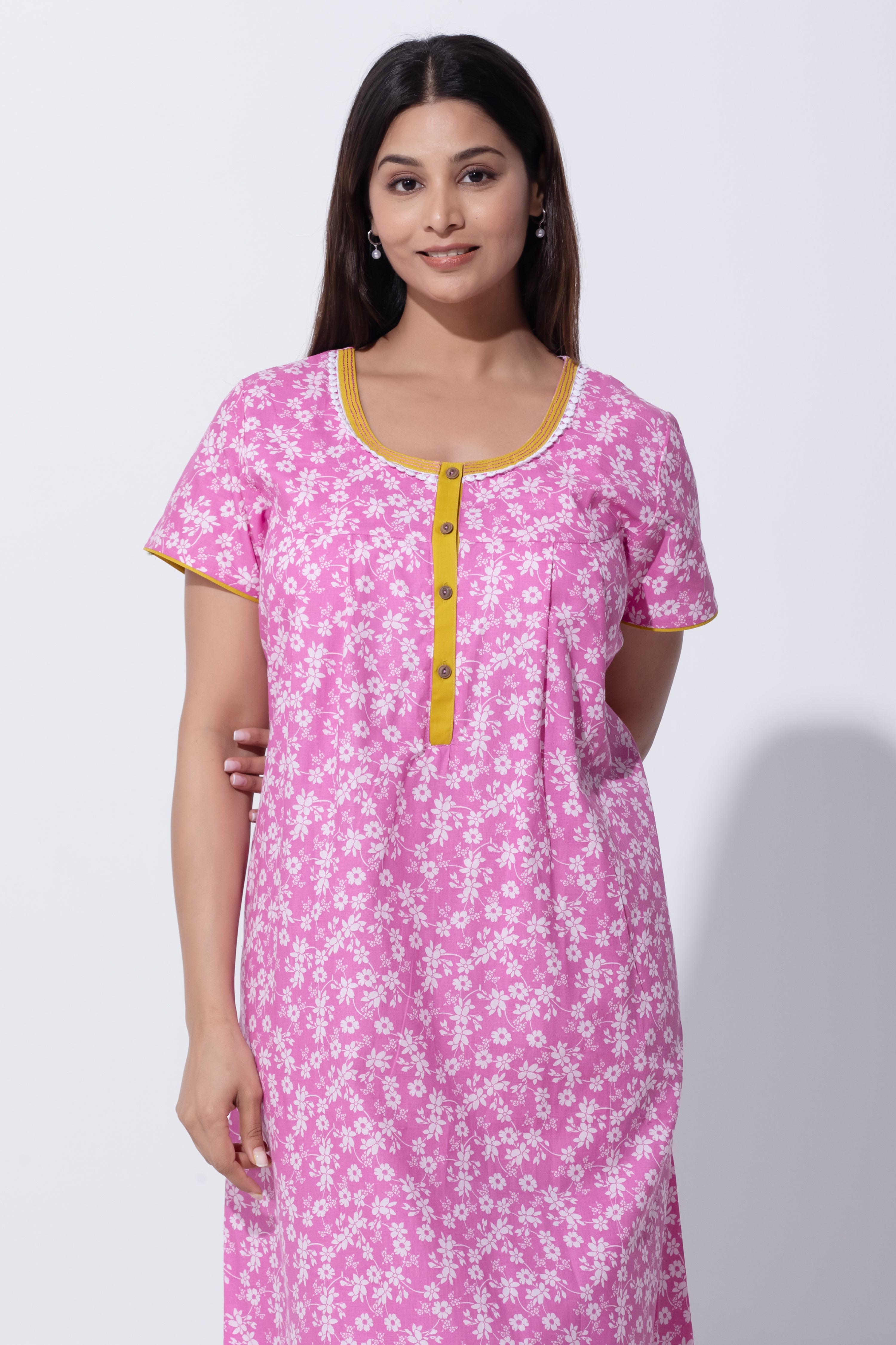 Pink Nighty with Floral Print & Running Stitch Detail