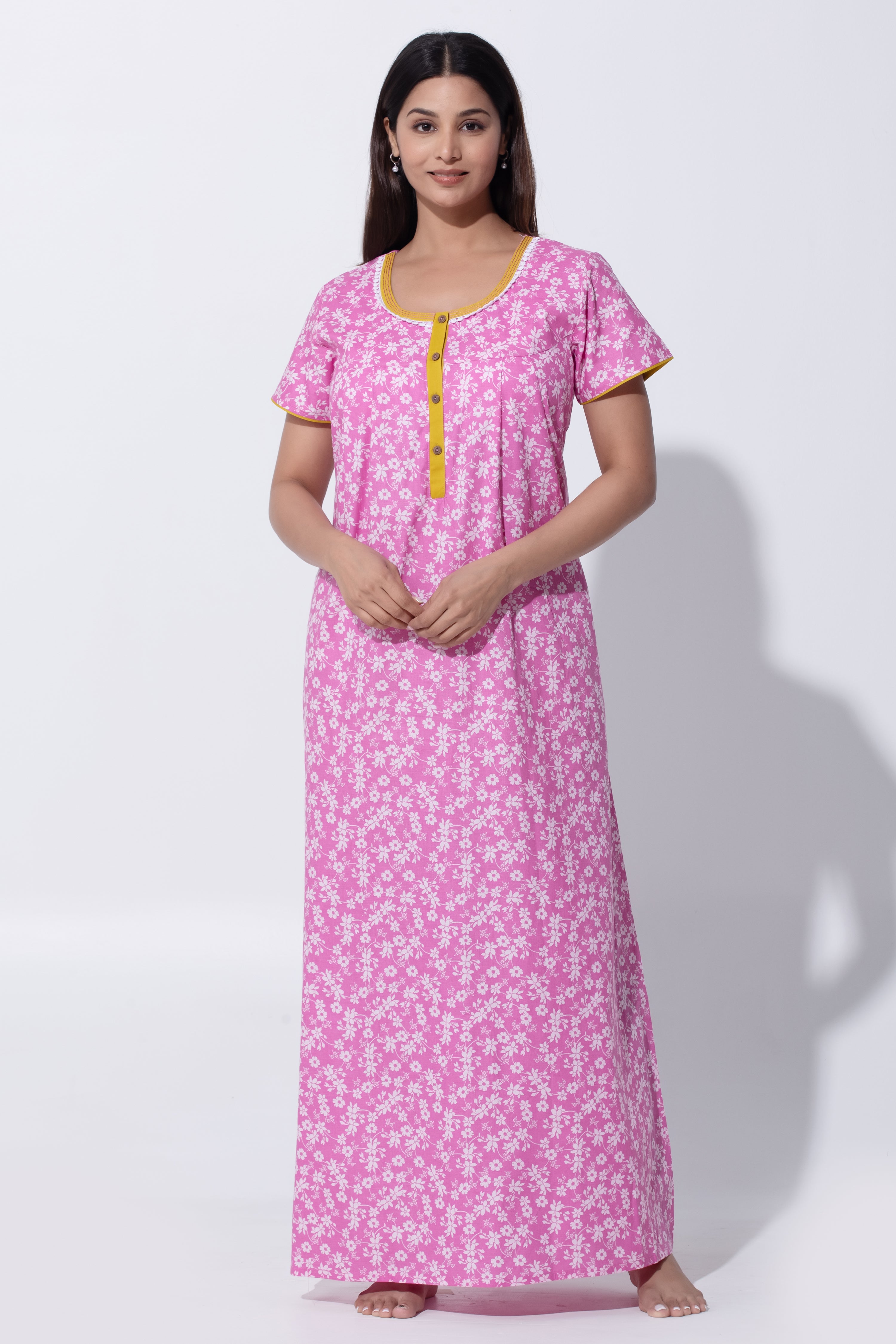 Pink Nighty with Floral Print & Running Stitch Detail
