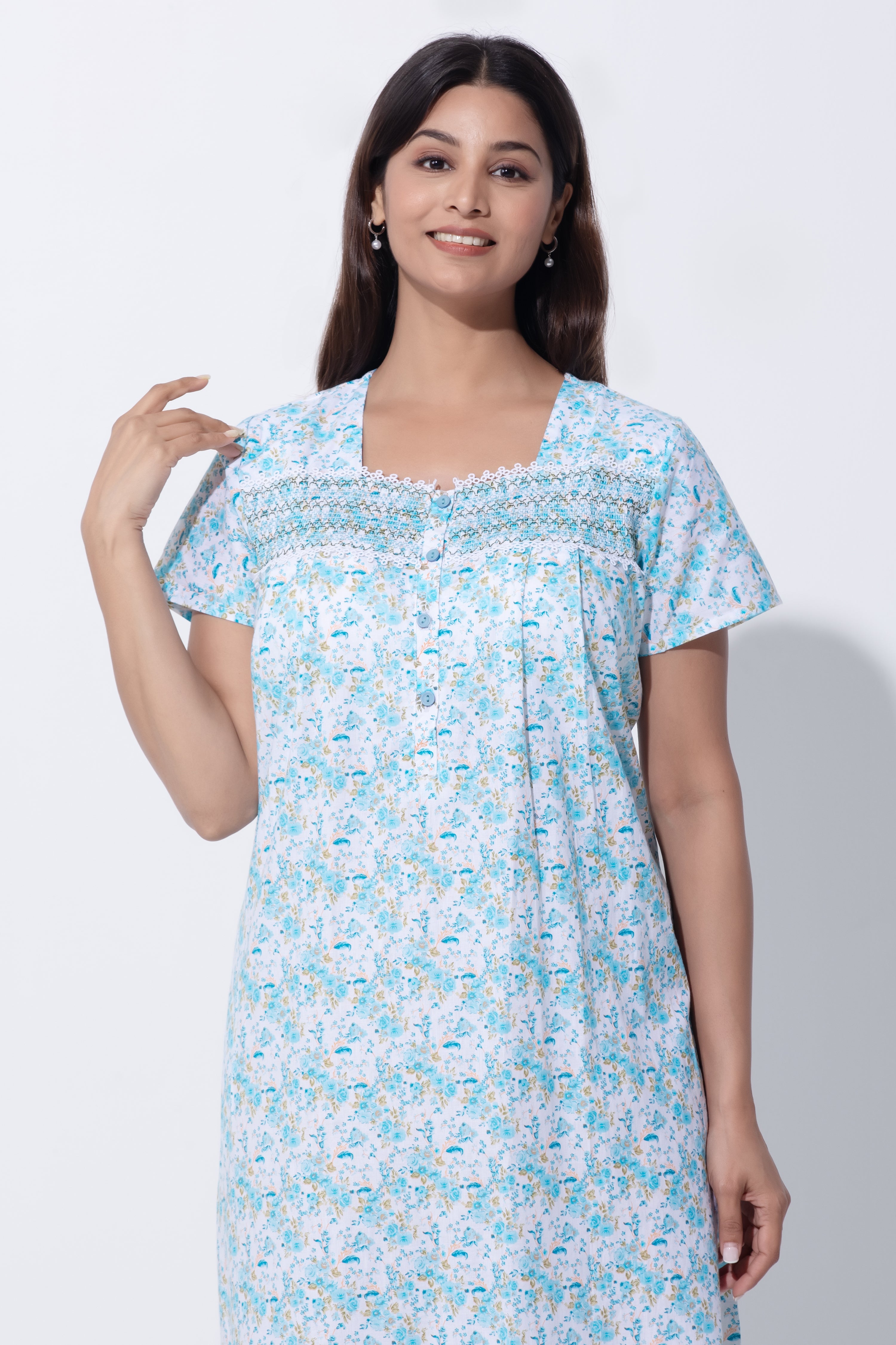 Sky Blue Nighty with Floral Print & Bobbin Elastic