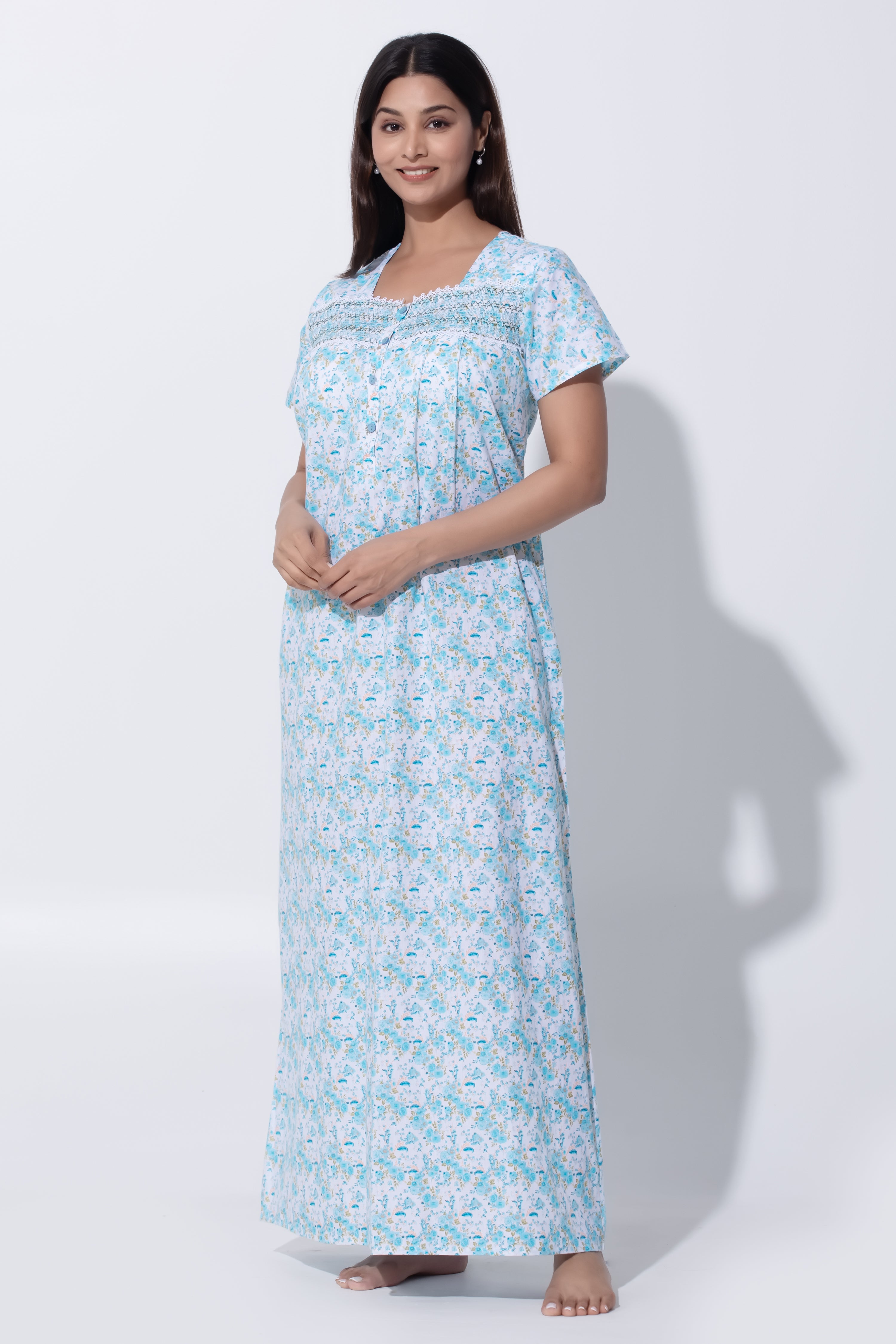 Sky Blue Nighty with Floral Print & Bobbin Elastic