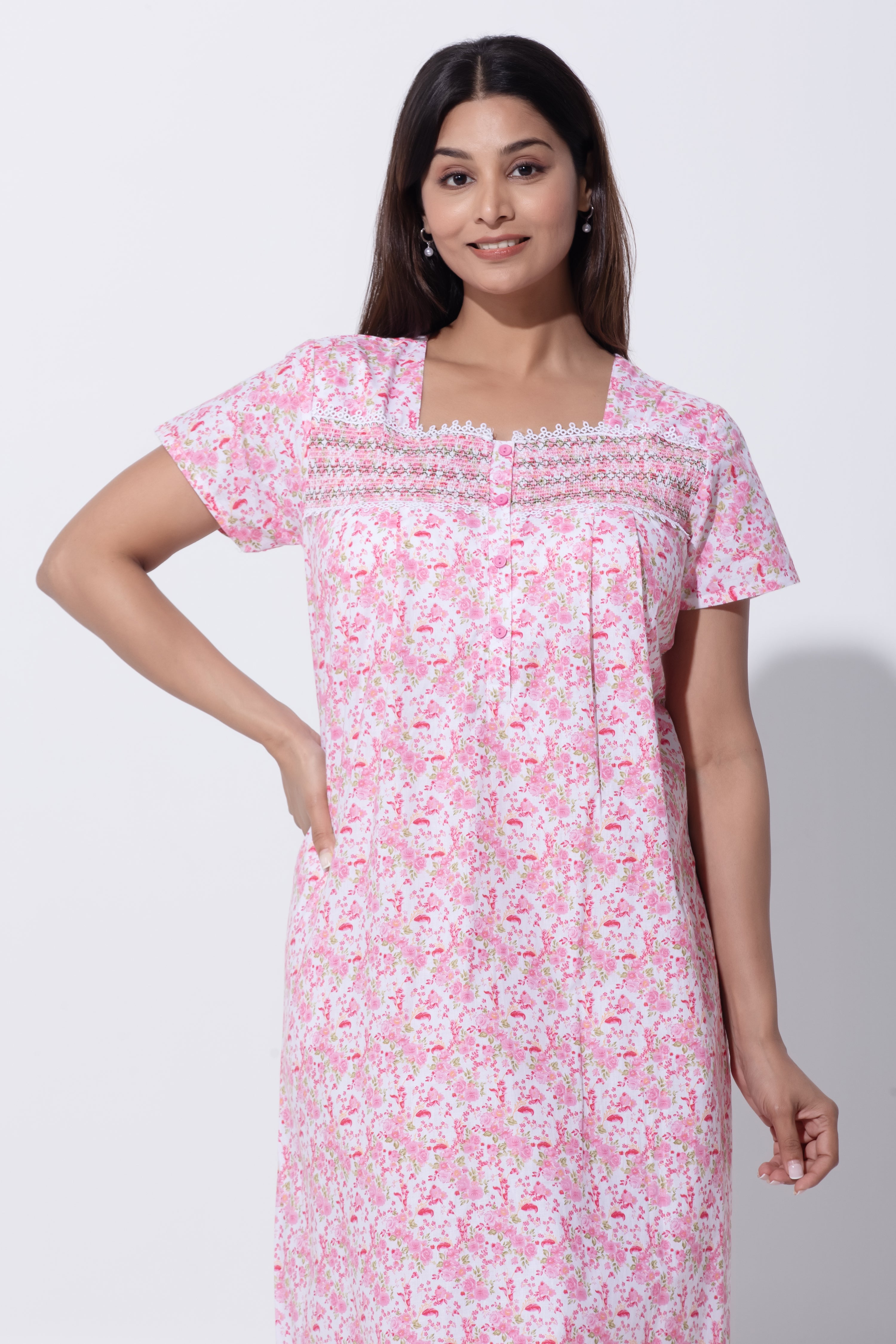 Pink Nighty with Floral Print & Bobbin Elastic