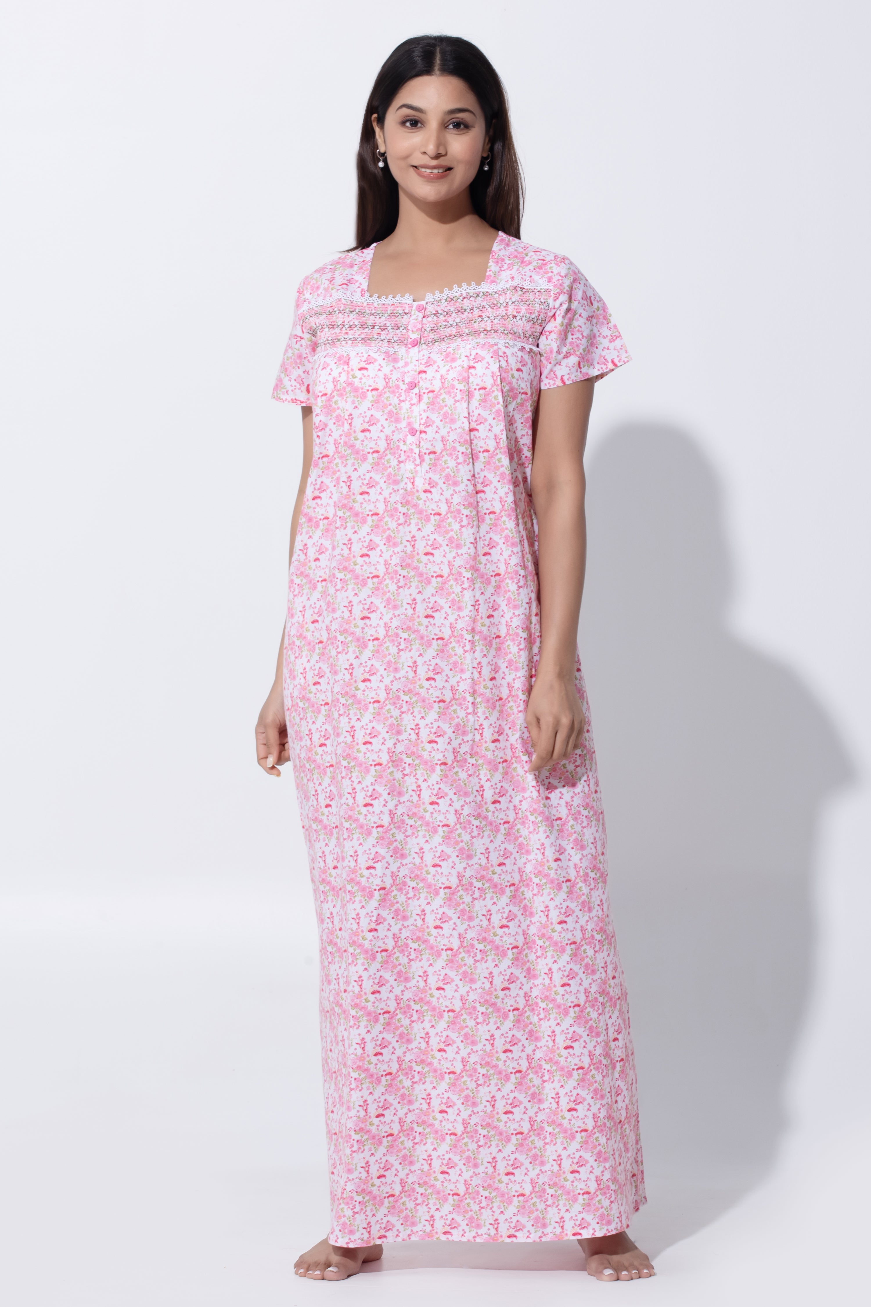 Pink Nighty with Floral Print & Bobbin Elastic