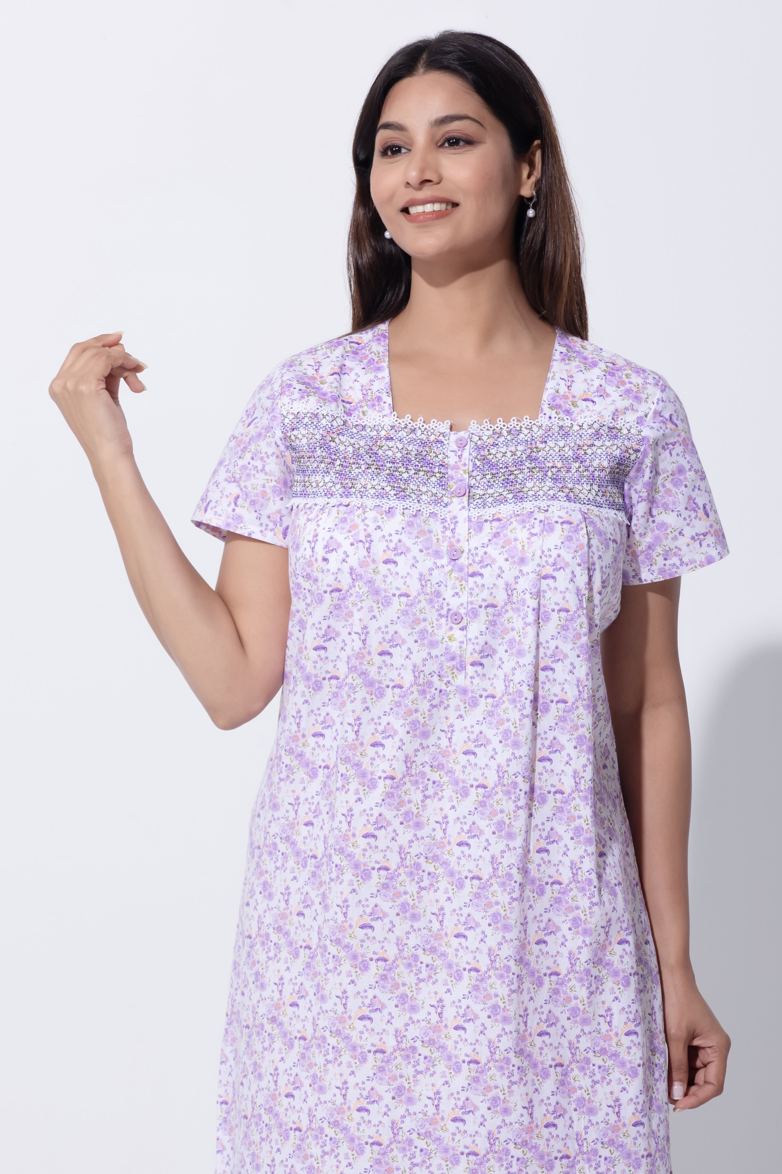 Lavender Nighty with Floral Print & Bobbin Elastic