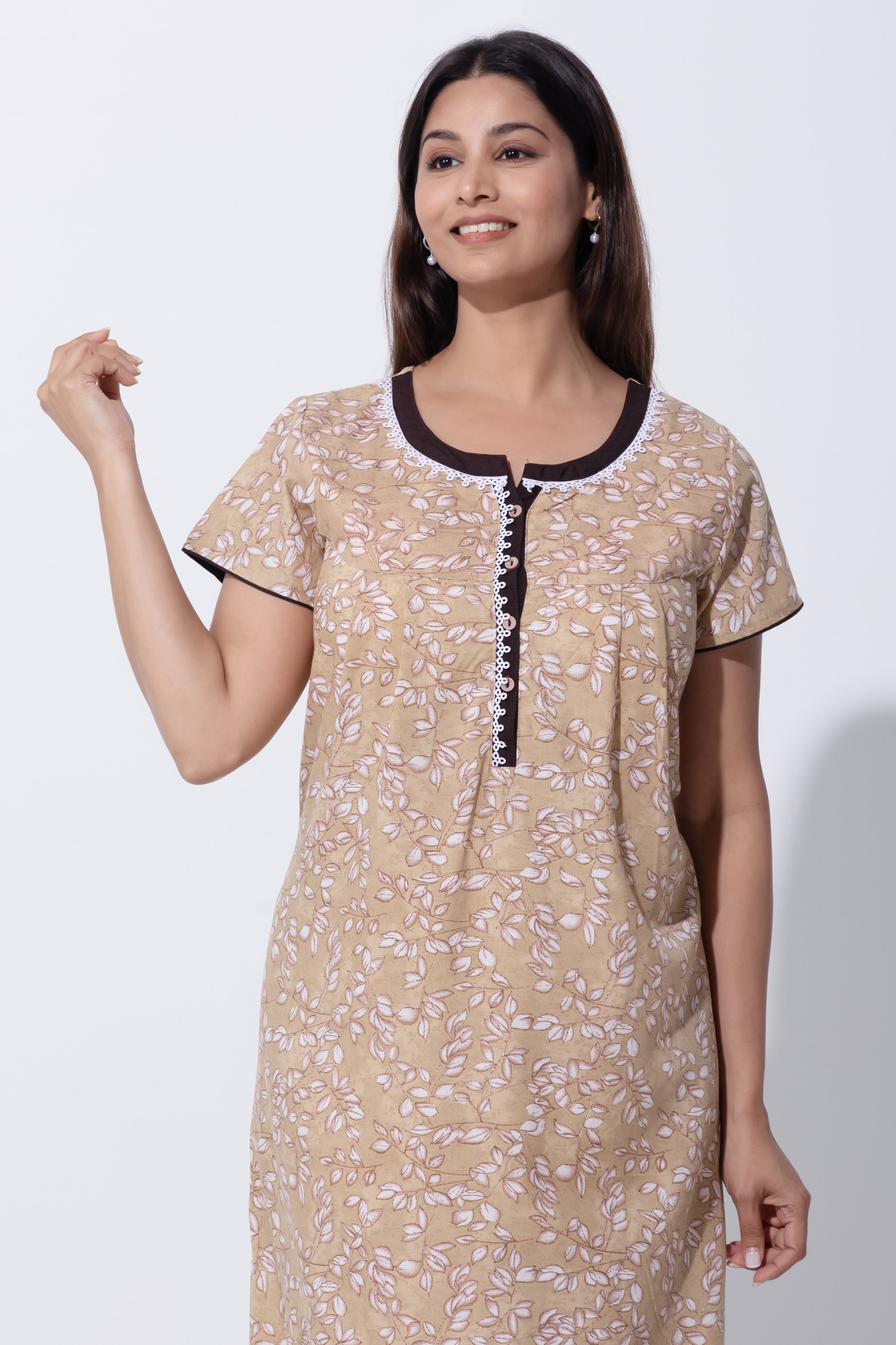 Mustard Leaf Print Nighty with Lace & Button Front