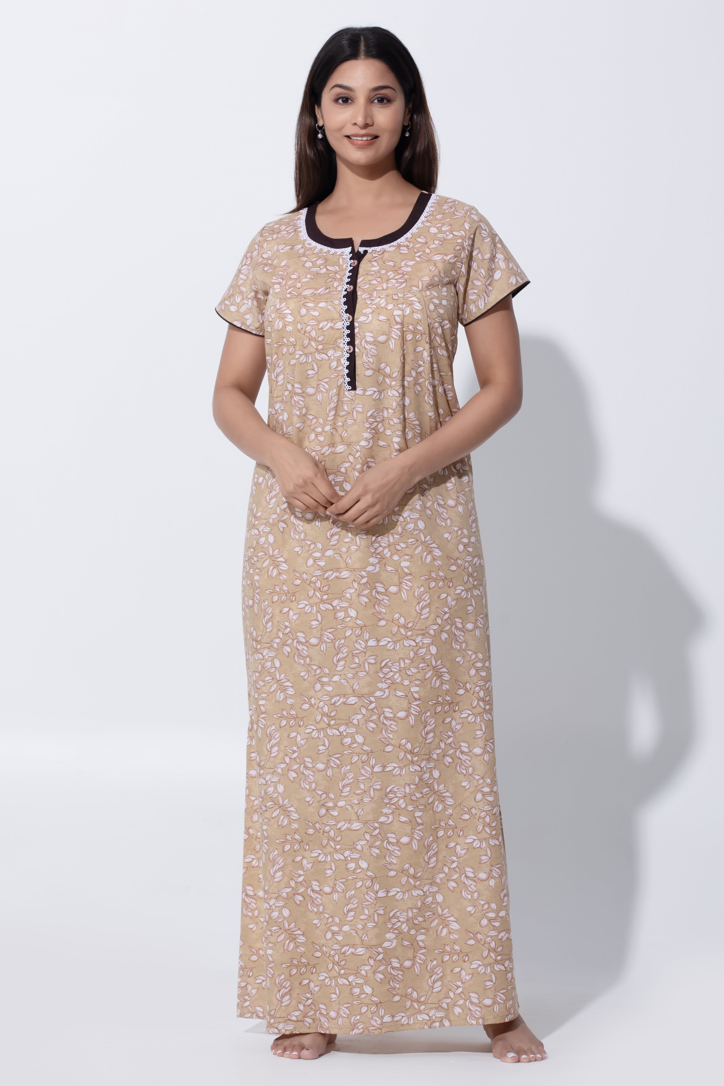 Mustard Leaf Print Nighty with Lace & Button Front