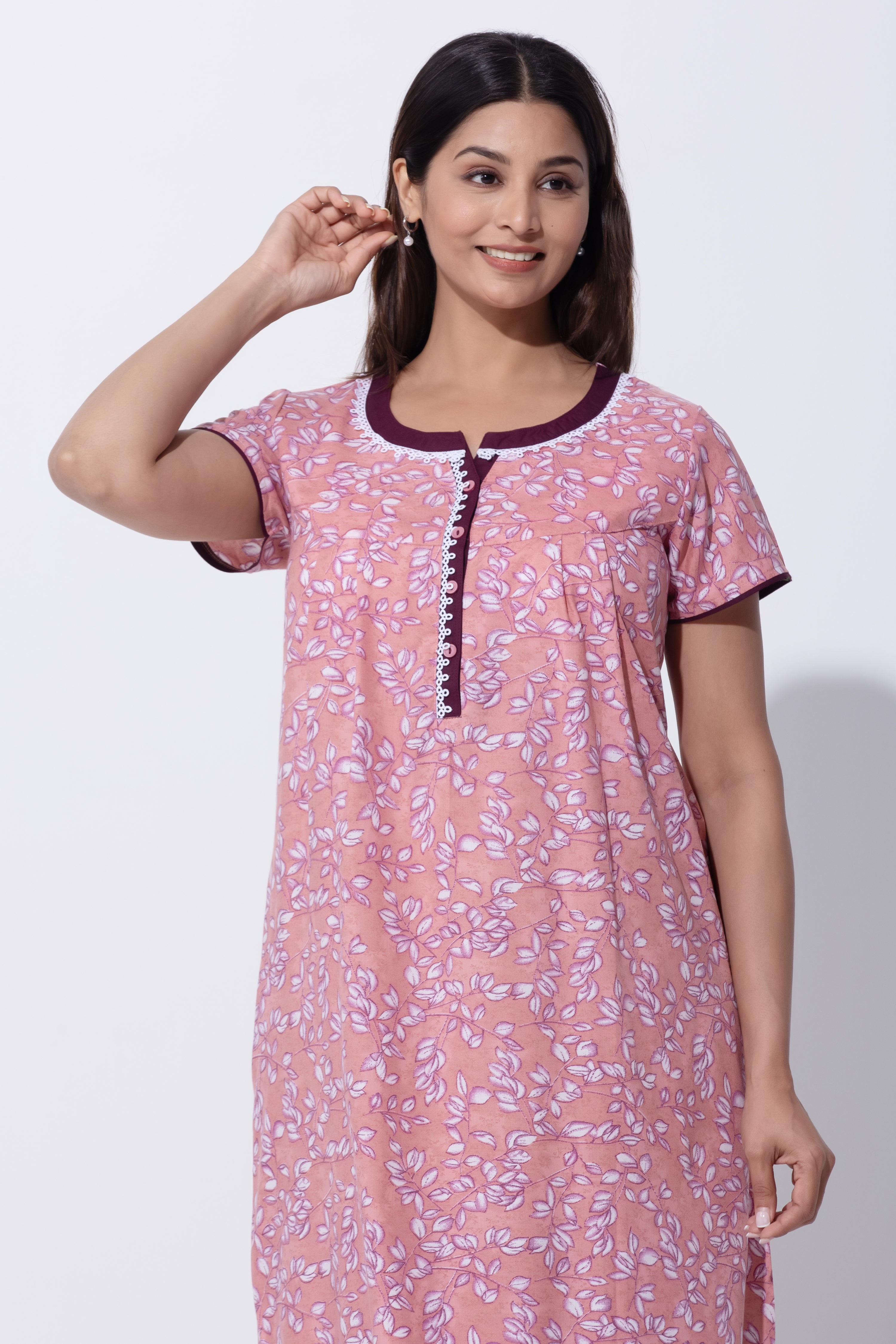 Pink Leaf Print Nighty with Lace & Button Front