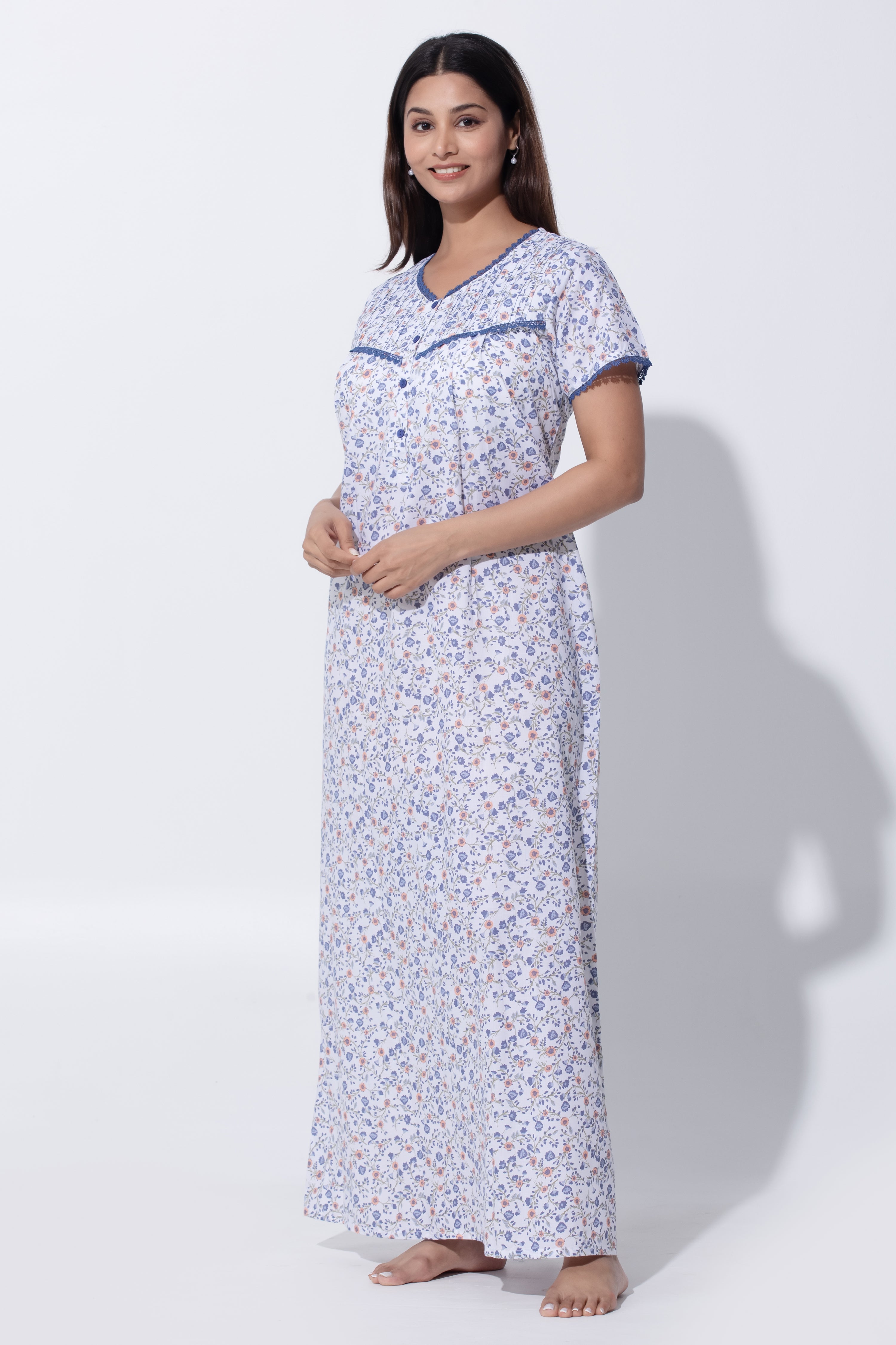Navy Blue & White Nighty with Floral Print & Pin Tuck Yoke