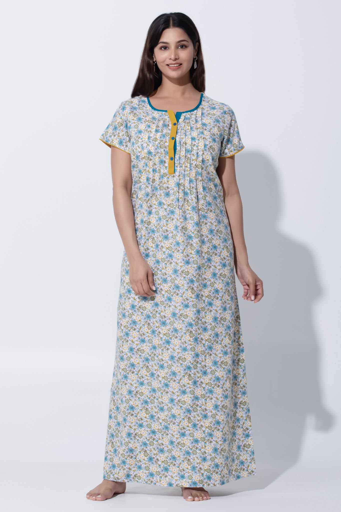 Teal Blue Floral Poly Cotton Nighty with Pin Tuck & Button Closure